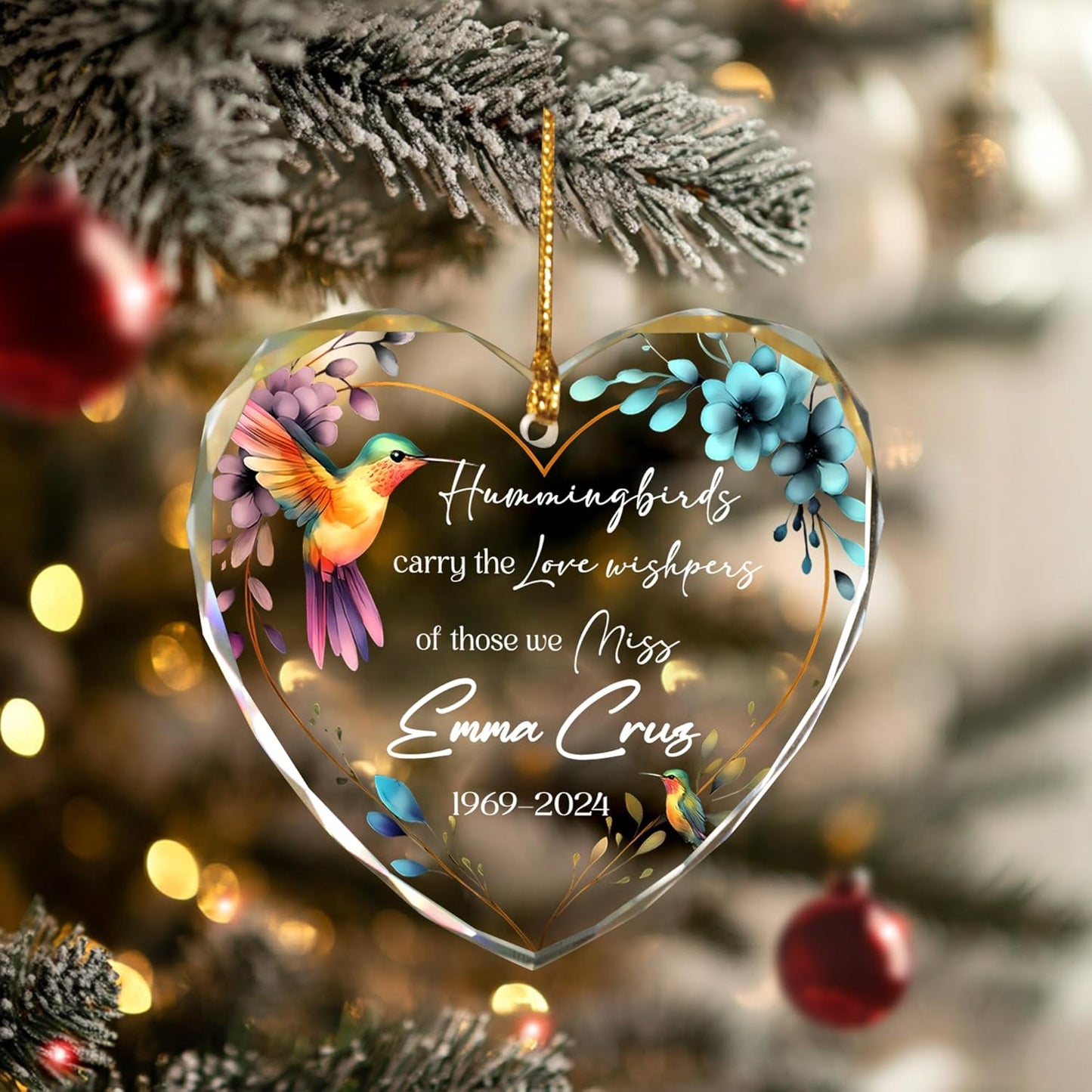 Personalized Memorial Hummingbird Glass Ornament – Custom Photo, Name, Birth Year & Passing Year – in Loving Memory – Memorial Gift for Loss of Loved One 2024