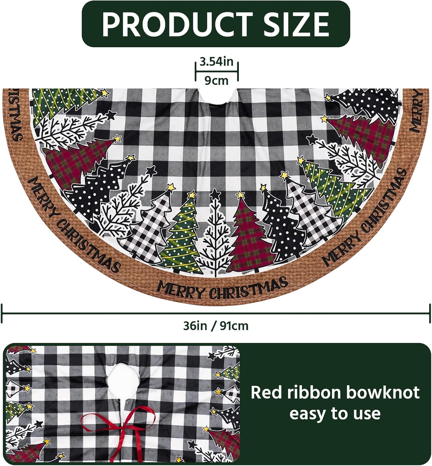 Christmas Tree Skirt 36 Inch, Black and White Buffalo Plaid Xmas Tree Skirts, Winter Christmas Trees Mat for Home Party Holiday Indoor Outdoor Decorations