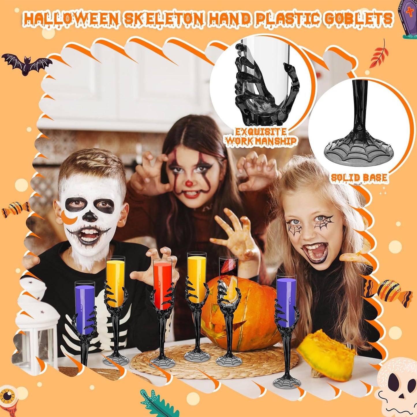 Bokon 48 Pcs Halloween Champagne Flutes Bulk Plastic Stemware Halloween Skeleton Hand Plastic Goblets Creepy Champagne Flute for Party Decoration(Black)