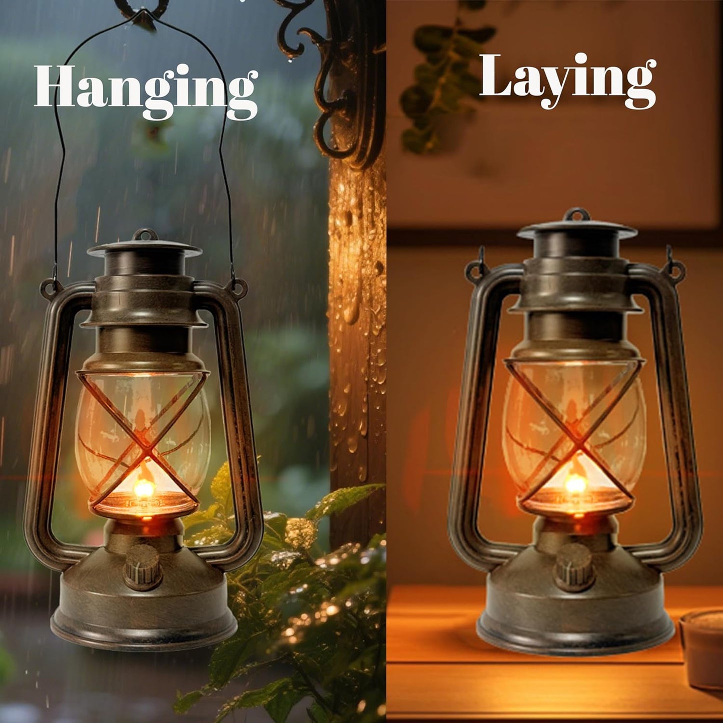 Vintage LED Outdoor Lantern Battery Powered Lanterns with Flame Wick Waterproof Camping Lamp Non-Solar Hanging Lantern Lights Landscape Decor for Indoor/Outdoor Use