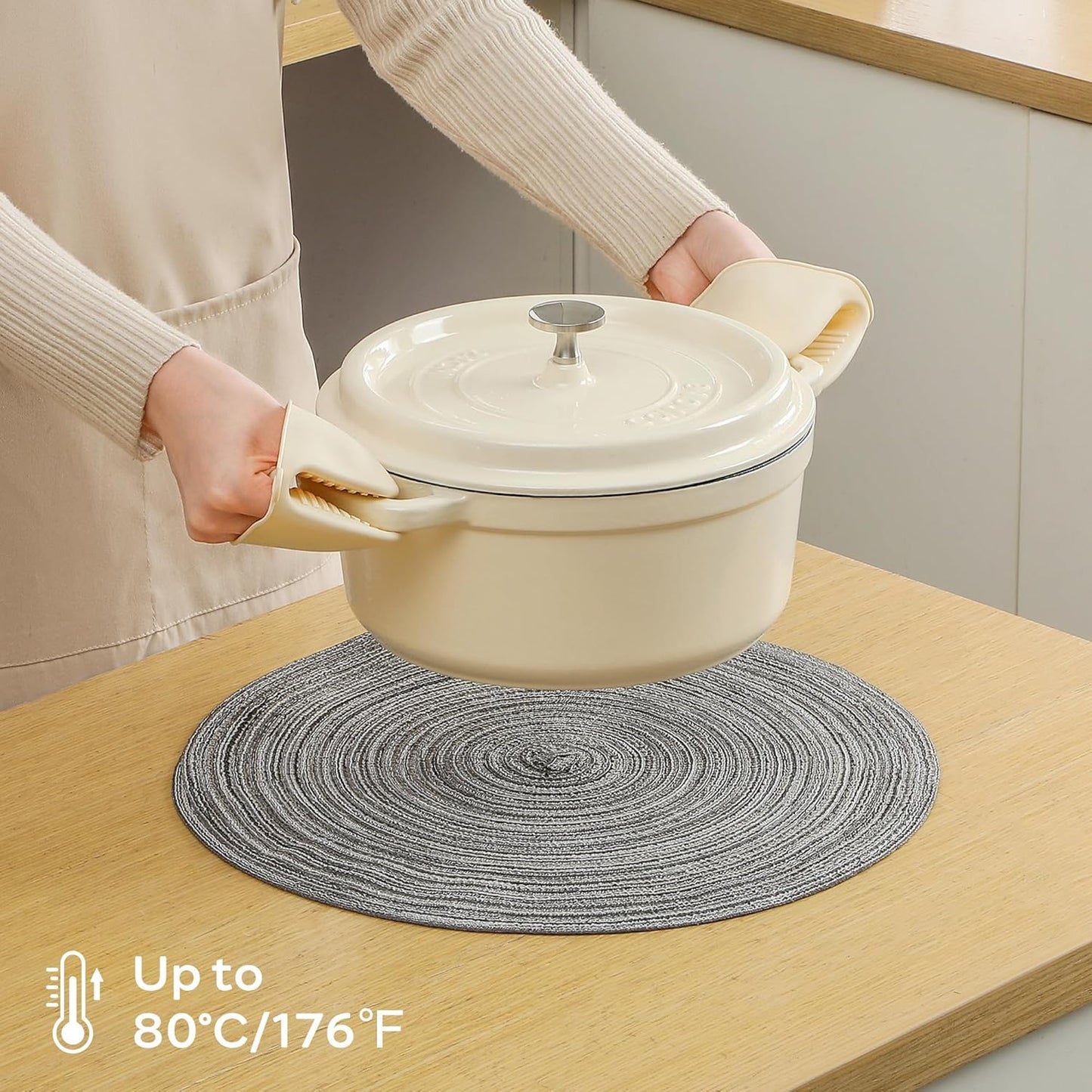 Leetaltree Round Placemats Heat and Slip Resistant Cotton Table Mats, Washable Bohemian Placemats for Dining Tables (Charcoal, Set of 4)