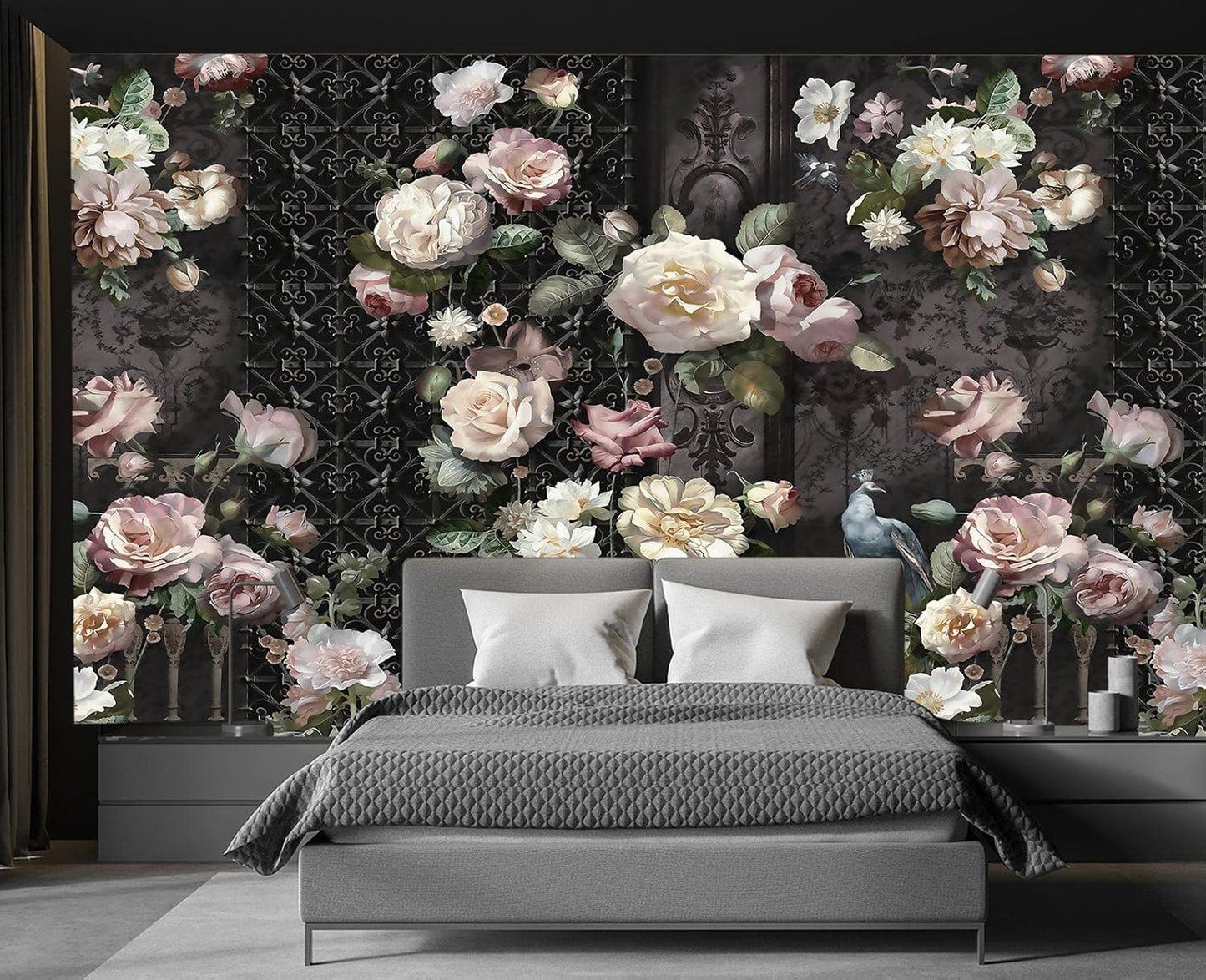 Cliouar-Black Fence Bird Peacock Pink Yellow White Rose 3D Mural Wallpaper Bedroom Living Room Decor Peel and Stick 98" x 58"