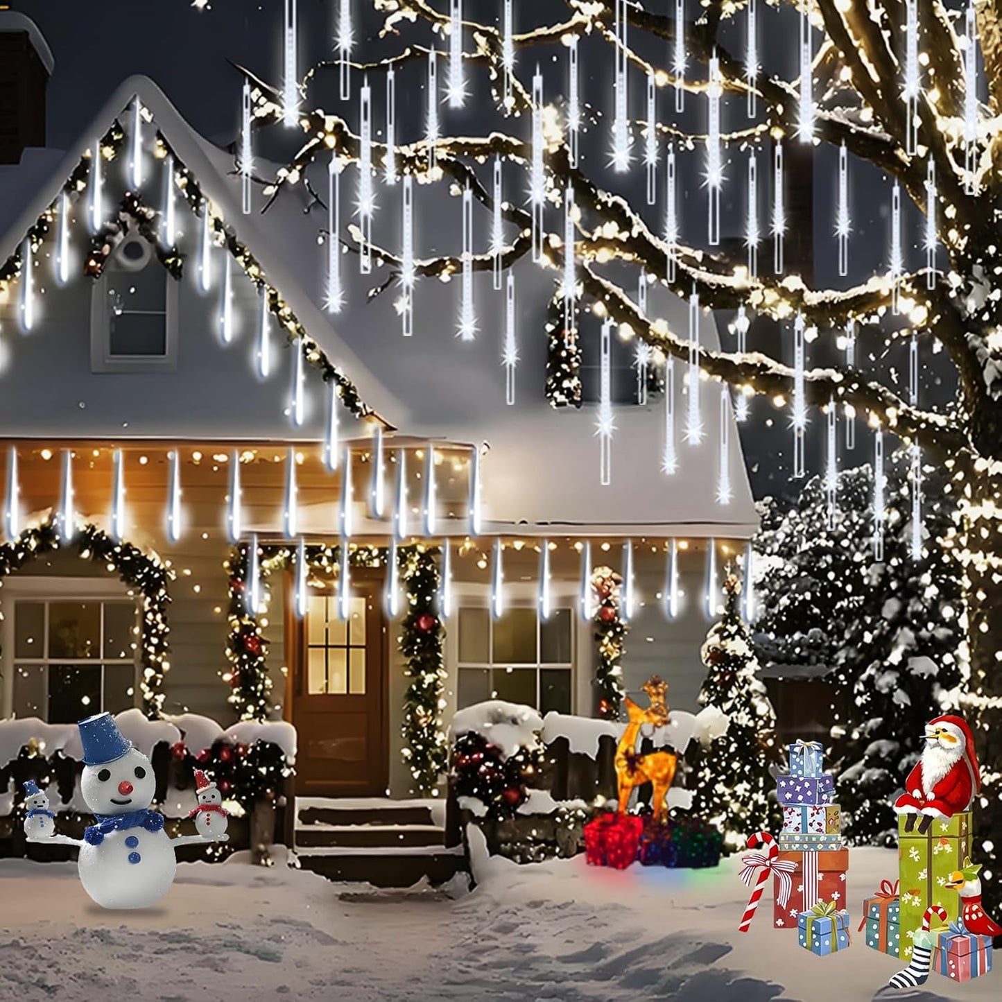 Christmas Lights Outdoor, Meteor Shower Lights 8 Tubes 192LED UL Certified Snow Falling Rain Cascading Icicle Light for Xmas Tree Christmas Decorations Outdoor Wedding Party Window, White