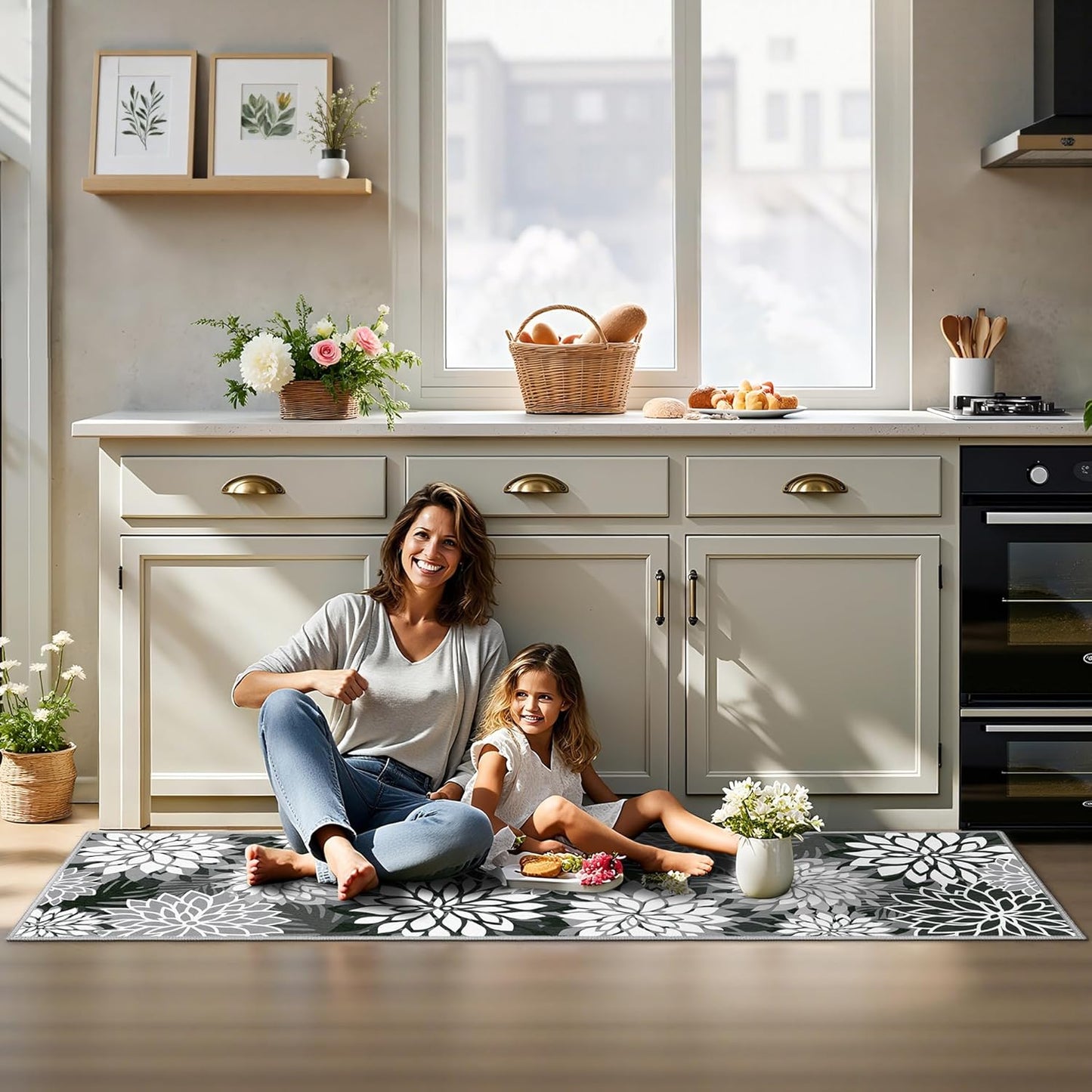 Area Rug 2x6 Black White Washable Entry Rug Multicolored Tropical Botanical Modern Floral Indoor Kitchen Door Mat Entrance Carpet Non Slip for Bedroom Living Room, Porch