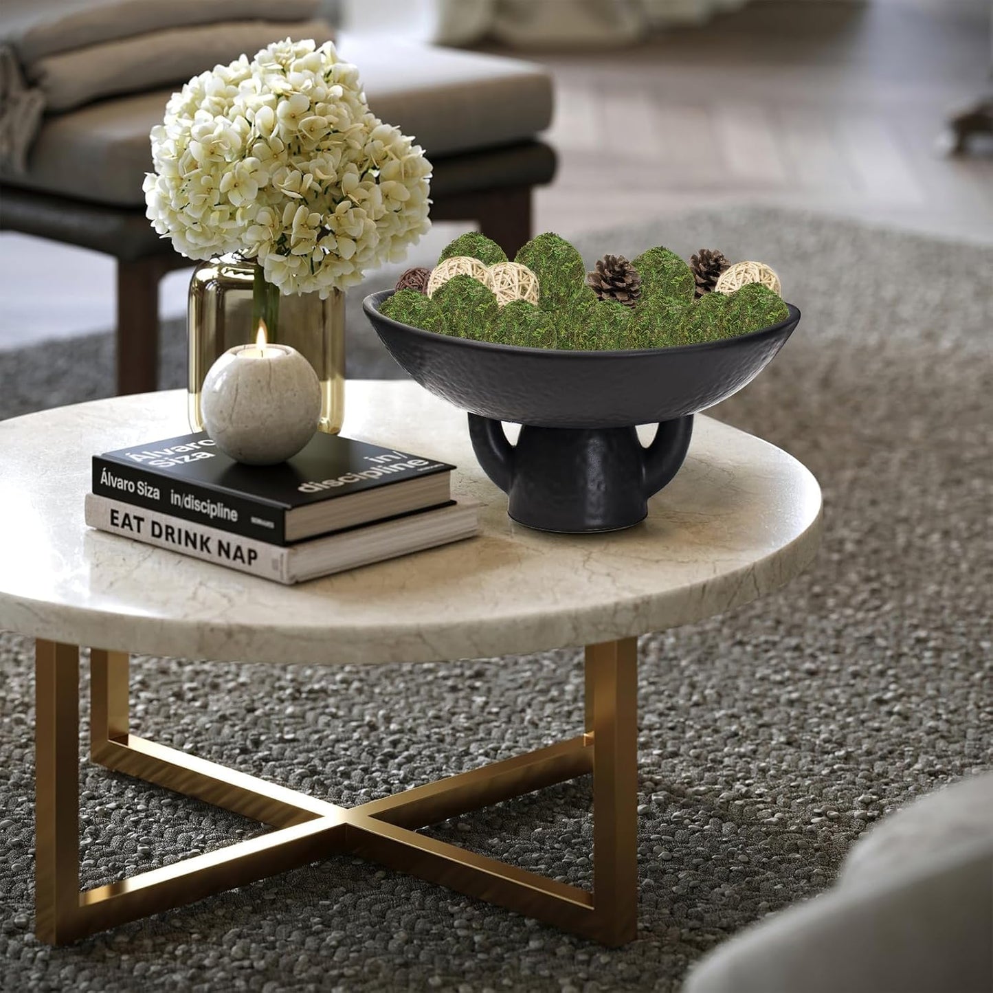 NAHARO Elegant Black Ceramic Bowl with Moss Ball Set-10 Decorative Bowl with 16pc Decorative Balls for Farmhouse Table Centerpiece, Living Room or Home Decor