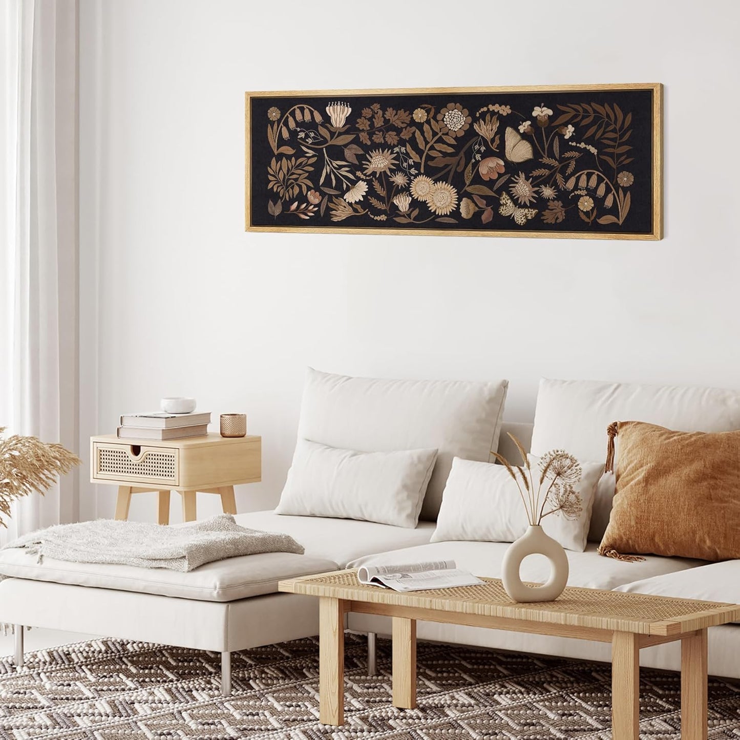 MUDECOR Large Framed Canvas Print Wall Art Botanical Elegance Dark Floral Illustrations Antique Retro Fine Art Illustrations Decorative Colorful for Bedroom - 60"x20"