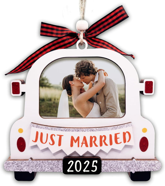 Christmas Photo Frame Ornament, 2025 Ornament, Wooden Picture Frame Ornaments With Hanging String (Just Married 2025)