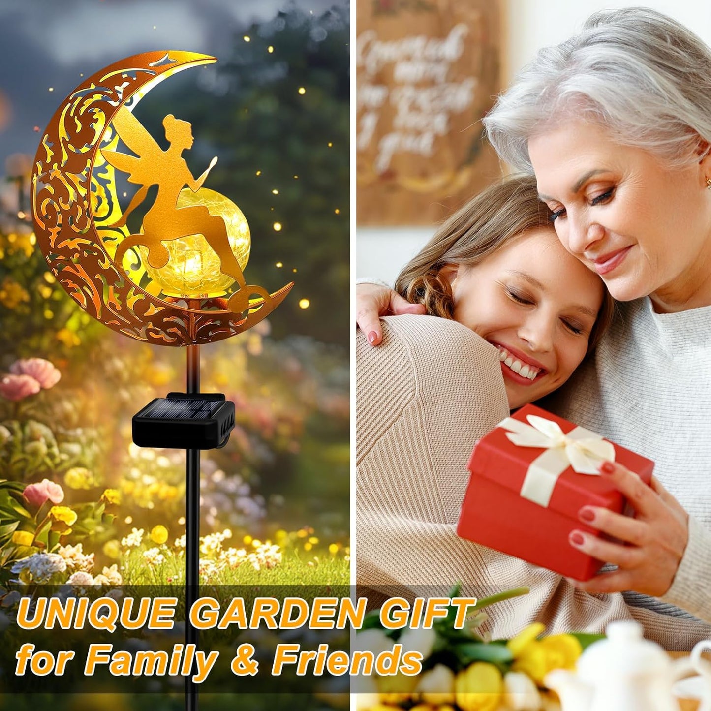 YJFWAL 2 Pack Garden Solar Lights Pathway Stake Lights Moon Fairy Glass Globe with Angel Decor, Gardening Birthday Gift for Mom Grandma Friends, Outdoor Decor Light Waterproof for Walkway, Yard, Patio