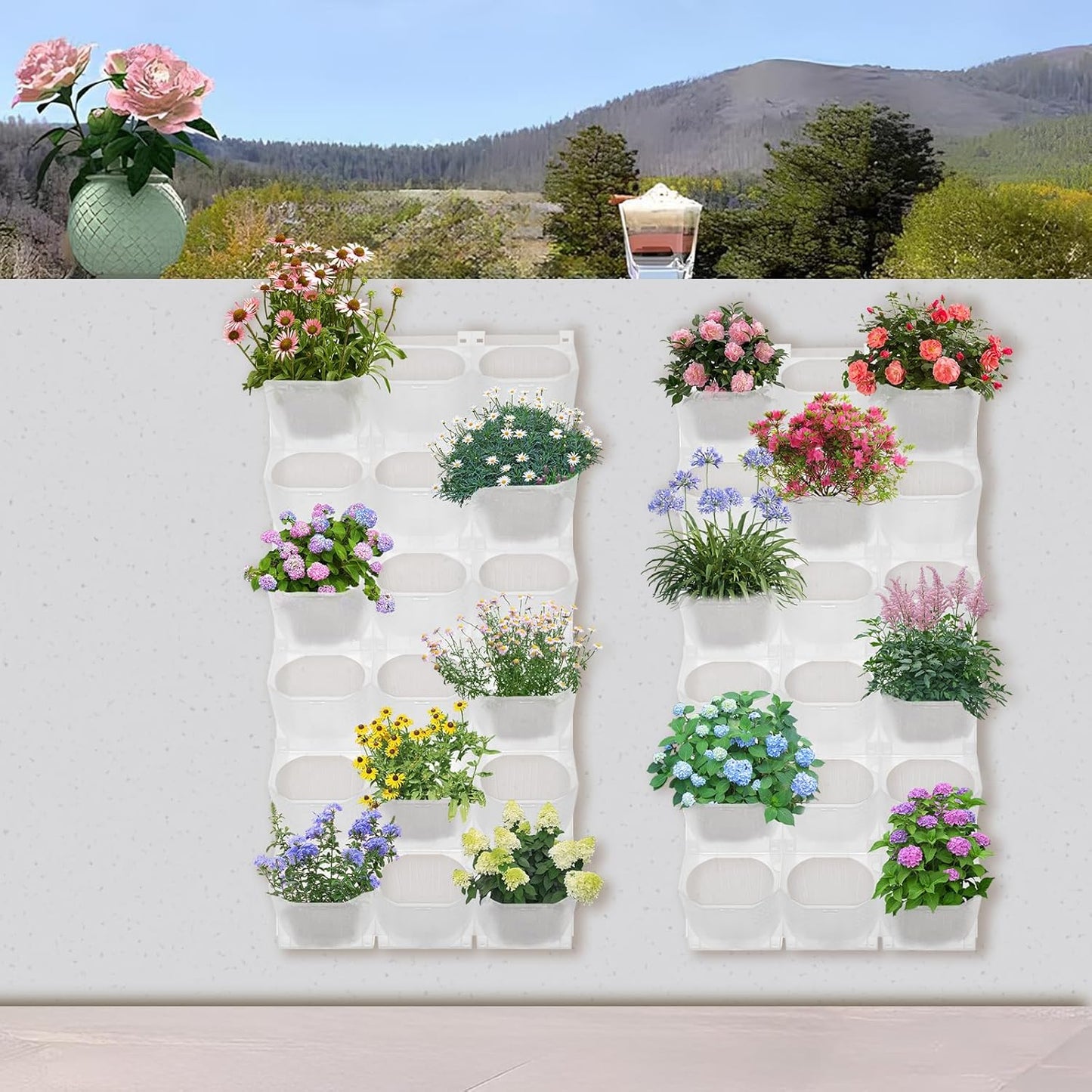 Self Watering Outdoor Wall Mounted Planter Vertical Garden with 36 Pockets Plastic Plant Grow Pots for Hanging Flower Herbs Vegetables Home Indoor Outdoor White