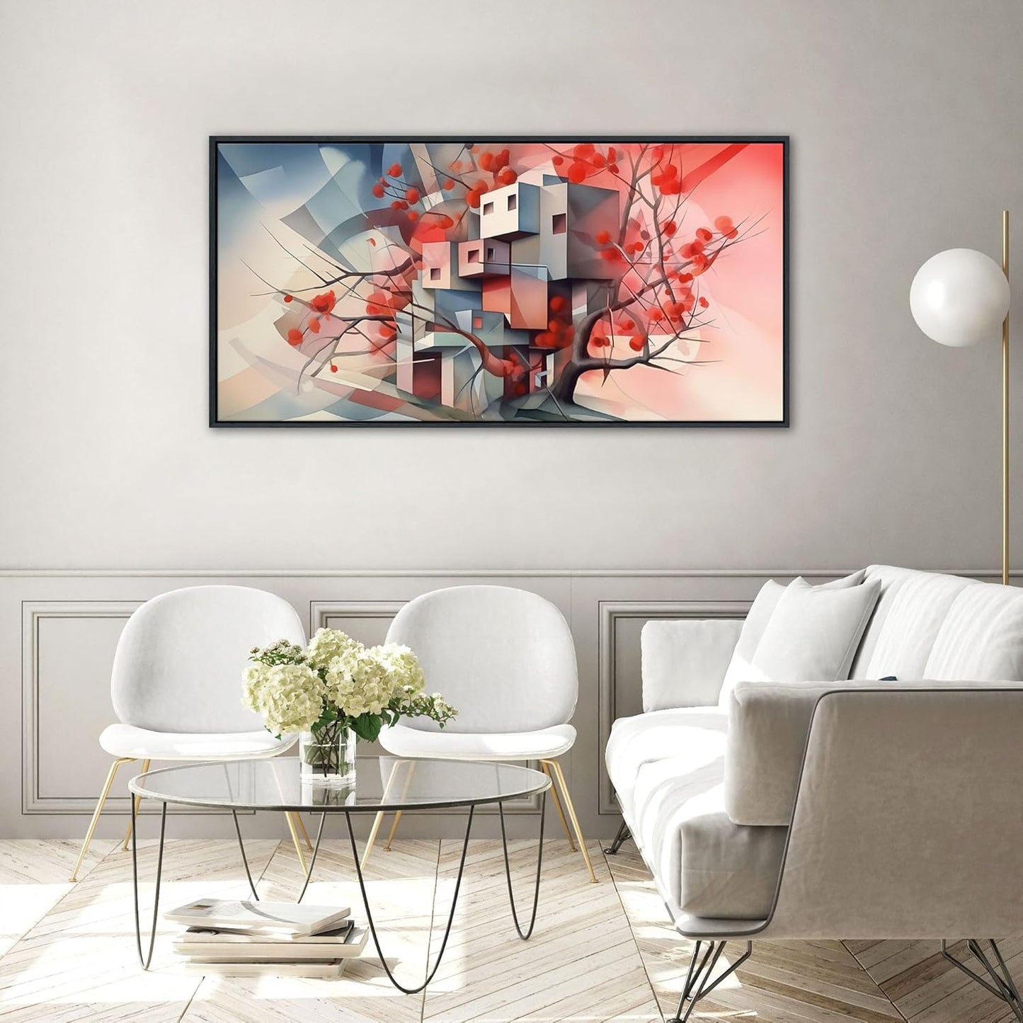 QZQCBLC Large Canvas Wall Art, Red Tree Abstract Space Pictures Ultra Modern Style Geometry Paintings Artwork for Living room Bedroom kitchen Home Office Cafe Game Yoga Room Decor 24x48 IN