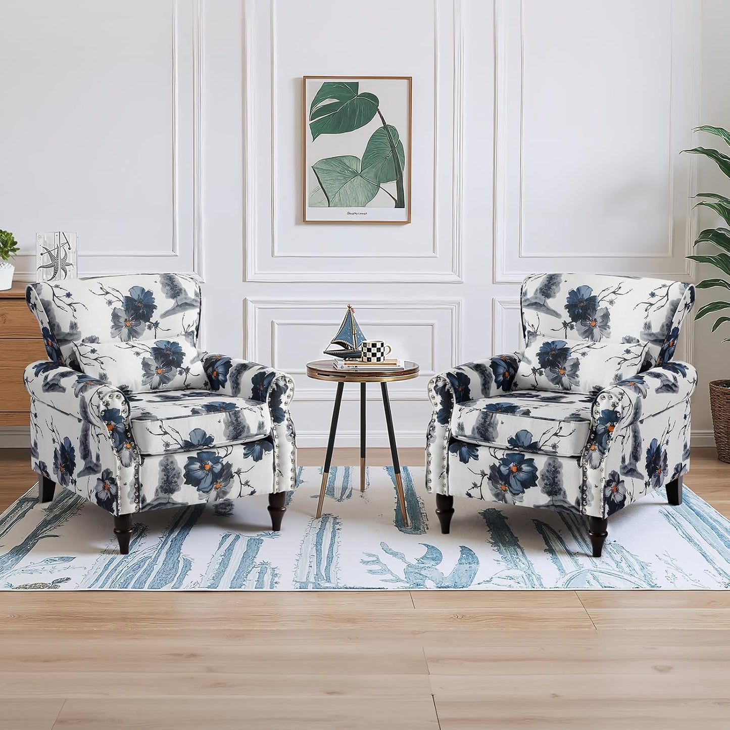 Wingback Accent Chair with Removable Pillow, High Back Floral Armchair with Solid Wood Legs & Nailhead Trim, Comfy Upholstered Reading Single Sofa Chair for Bedroom (2, Ink Blue Pattern)