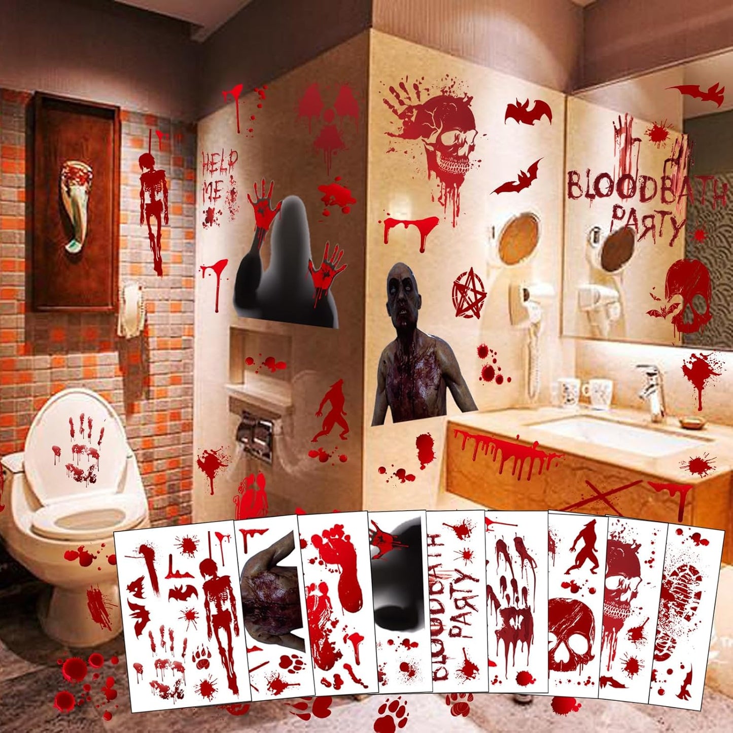 MSQ 73 Pcs Bloody Window Stickers - Removable Handprint & Footprint Decals for Halloween Party Decorations - Horror Window Stickers 9 Sheets