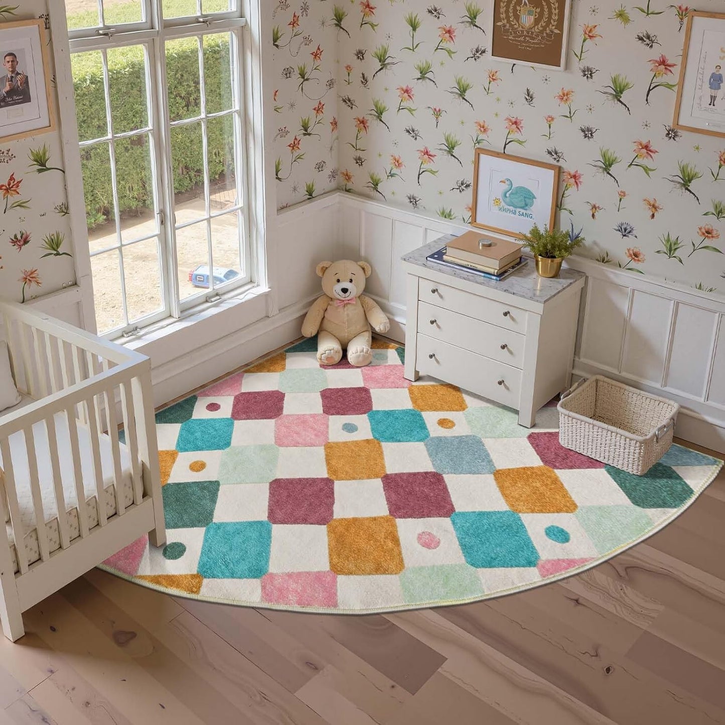 jinchan Kids Rug for Nursery 6ft Radius Corner Washable Area Rug Modern Colorful Quarter Circle Rug Soft Non-Slip Carpet for Bedroom Playroom Daycare Reading Nook Kitchen Classroom Confetti on Cream