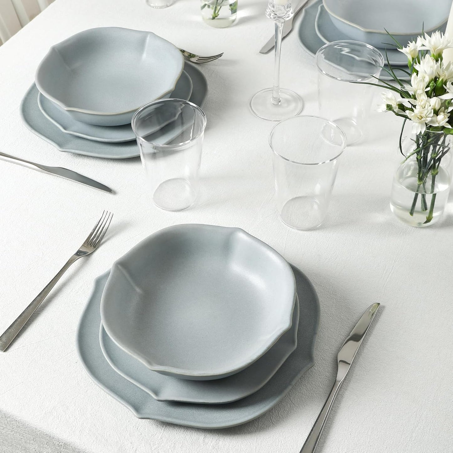 Stone Lain Baskerville 32-Piece Dinnerware Set Stoneware, Borosilicate Glass, Light Blue