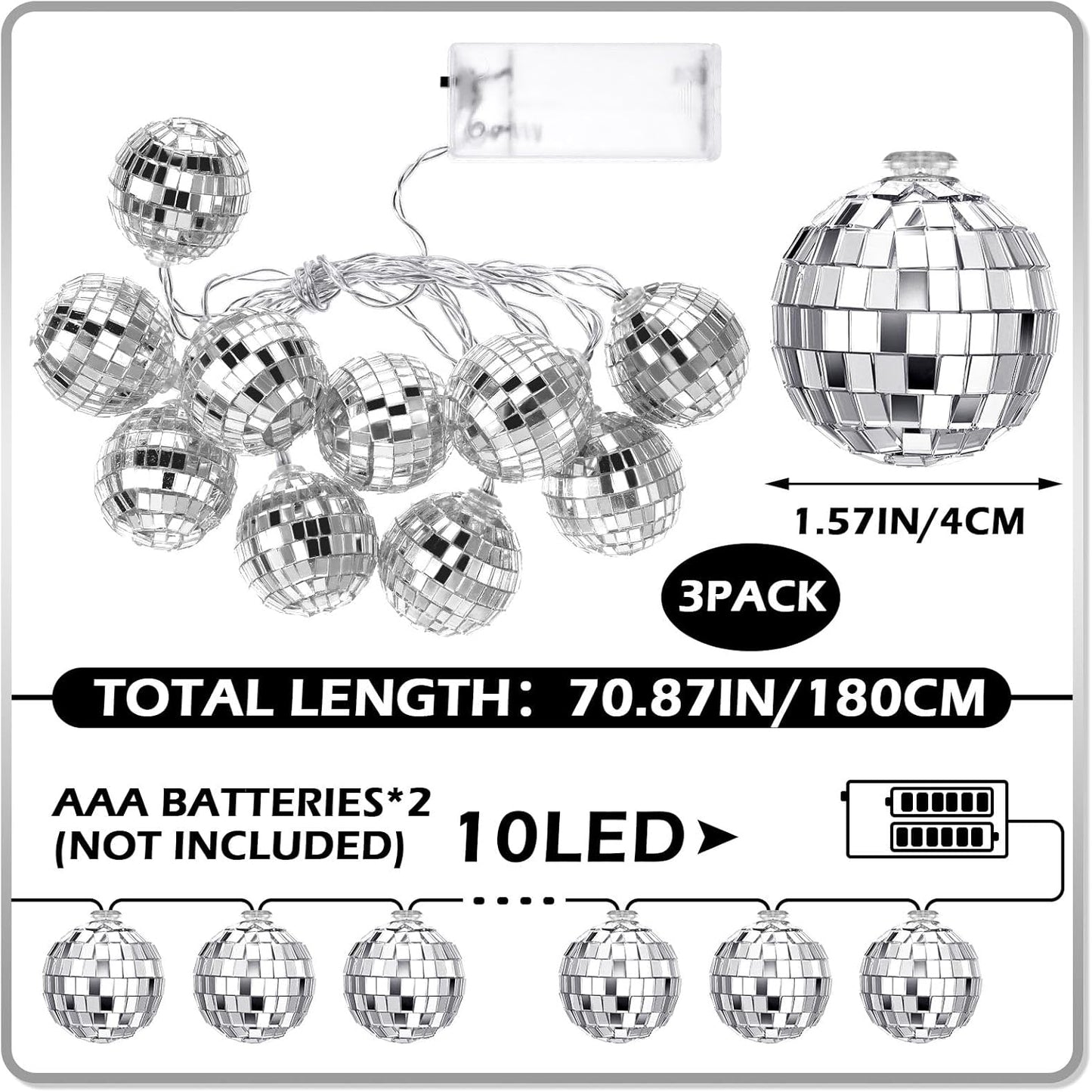 Zhanmai 30 LED Disco Ball String Lights Decor Lighted Mini Mirror Disco Balls Ornaments for 70s 80s Party Supplies Club(1.57 Inch Ball,Silver)