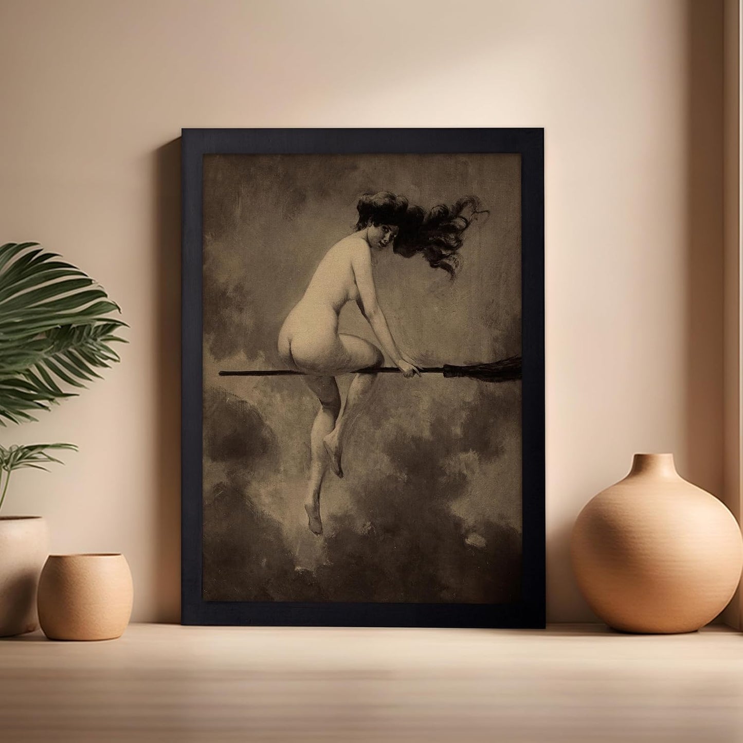 Poster Master Vintage Albert Joseph Penot Poster - Retro Halloween Print - Gift for Artist, Friend - Departure for the Sabbath, Naked Witch on Broom - Wall Decor for Bedroom, 16x20 Black Framed