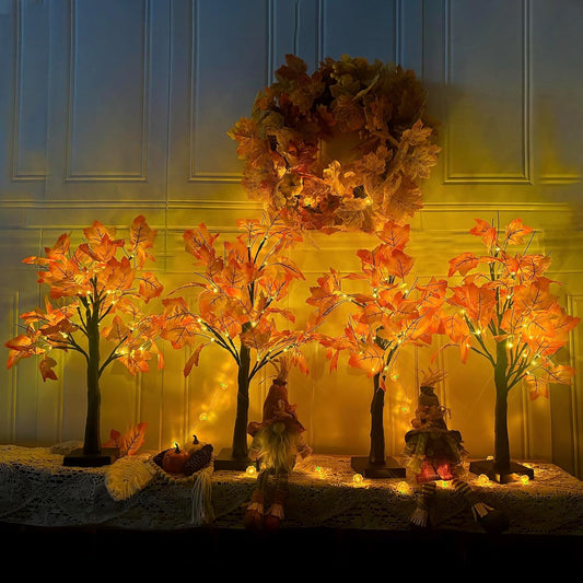 4Pcs Fall Lighted Maple Tree Decor 2FT96LED USB&Battery Operated Artificial Autumn Light up Trees Lights for Harvest Thanksgiving Decorations Tree Lights Table Light House Party Indoor Room Home Deco