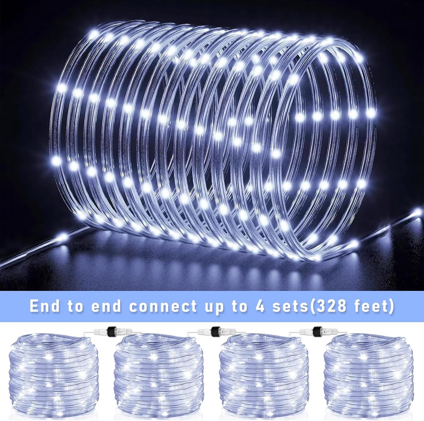 100FT 300 LED Rope Lights Outdoor, Connectable and Flexible Tube Lights with 8 Modes, Waterproof Rope Lighting Indoor for Deck, Garden, Patio, Landscape, Pool, Party Decorations - White