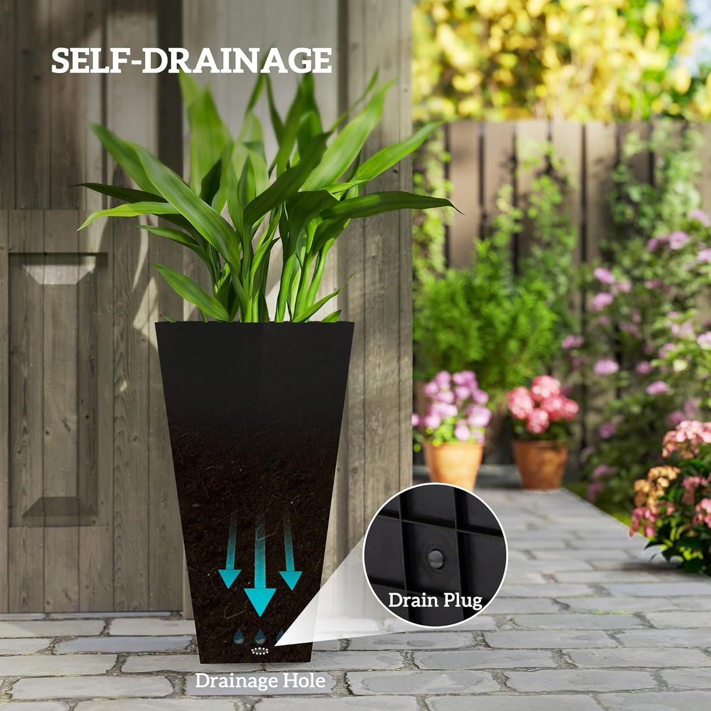 Outsunny Tall Planters for Outdoor Plants Set of 3, 28 in Taper Planters with Drainage Holes, Indoor Grande Plant Pots, Front Porch Decor (Black)