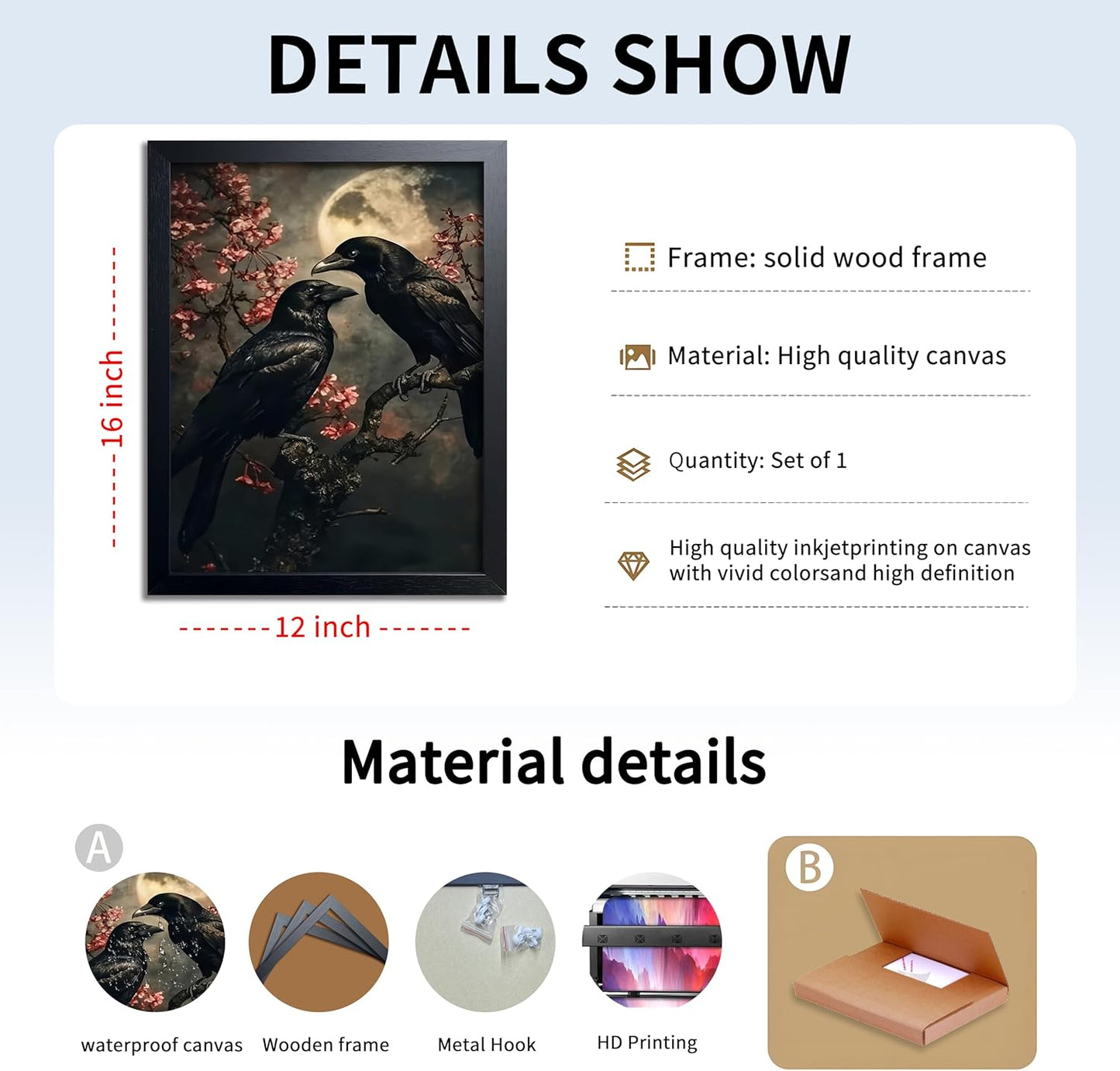 Black Wood Framed Halloween Canvas Wall Art Painting, Vintage Black Crow Cherry Blossom Wall Decor Picture, Dark Academia Gothic Poster Print Photo for Living Room Bedroom Office Decor 12x16 Inch