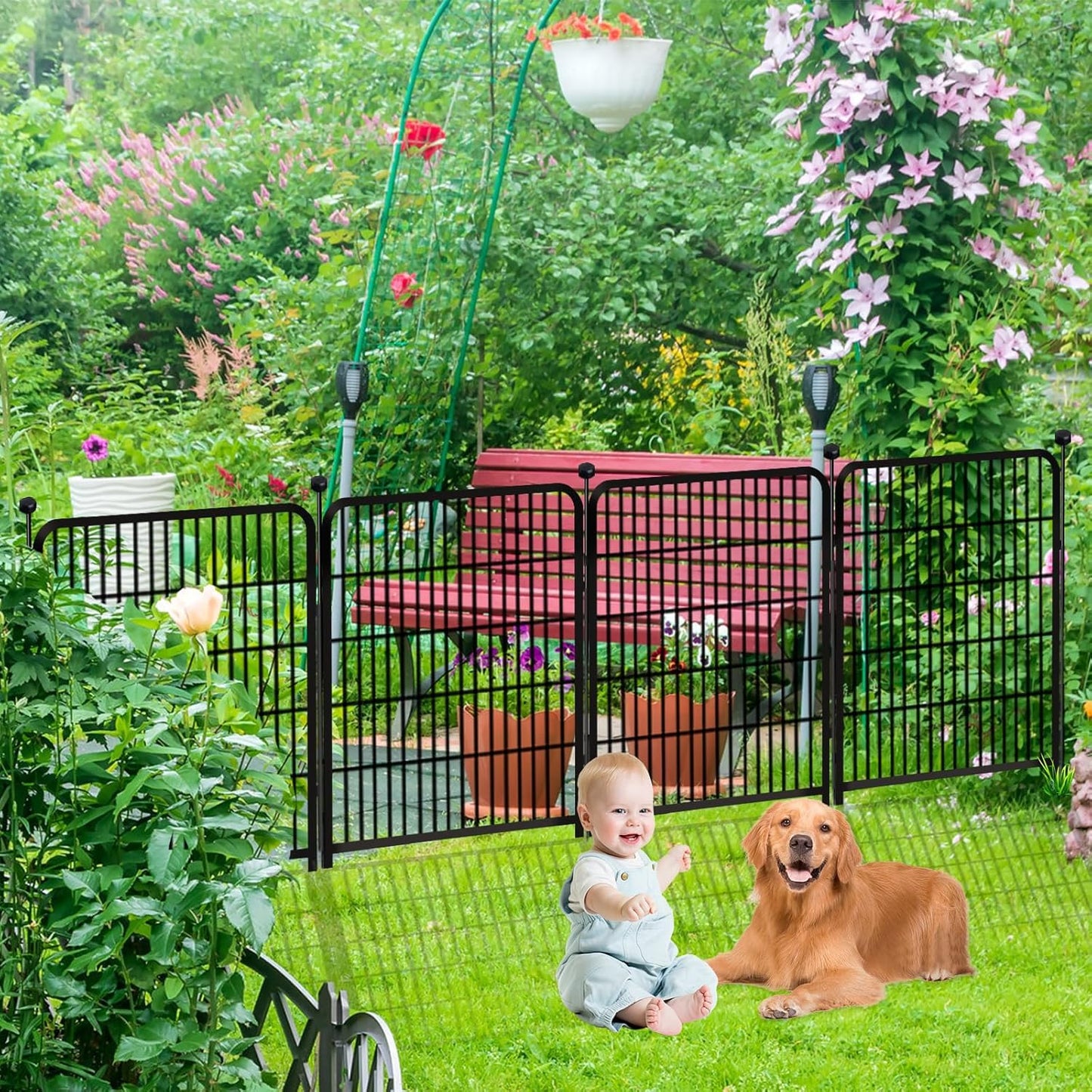 Tall Garden Fence with Gate 48 in(H)×27 in(L) 12 Panels Total 26.6 Ft(L), Garden Fencing to Keep Dogs Out, Heavy Duty Iron Metal Animal Barrier Fence, Flower Bed Fencing