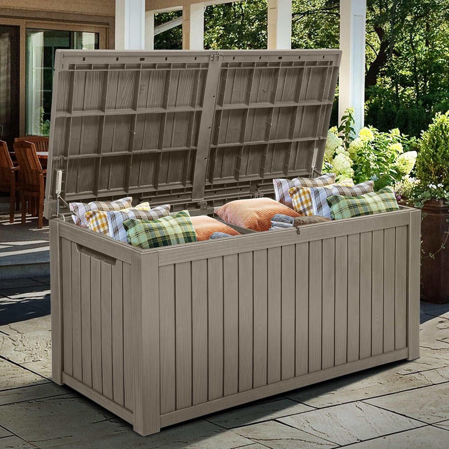 YITAHOME 180 Gallon Large Outdoor Storage XL Deck Box w/Divider for Patio Furniture,Outdoor Cushions, Garden Tools, Sports Equipment and Pool Supplies, Waterproof, Resin, Lockable, Taupe