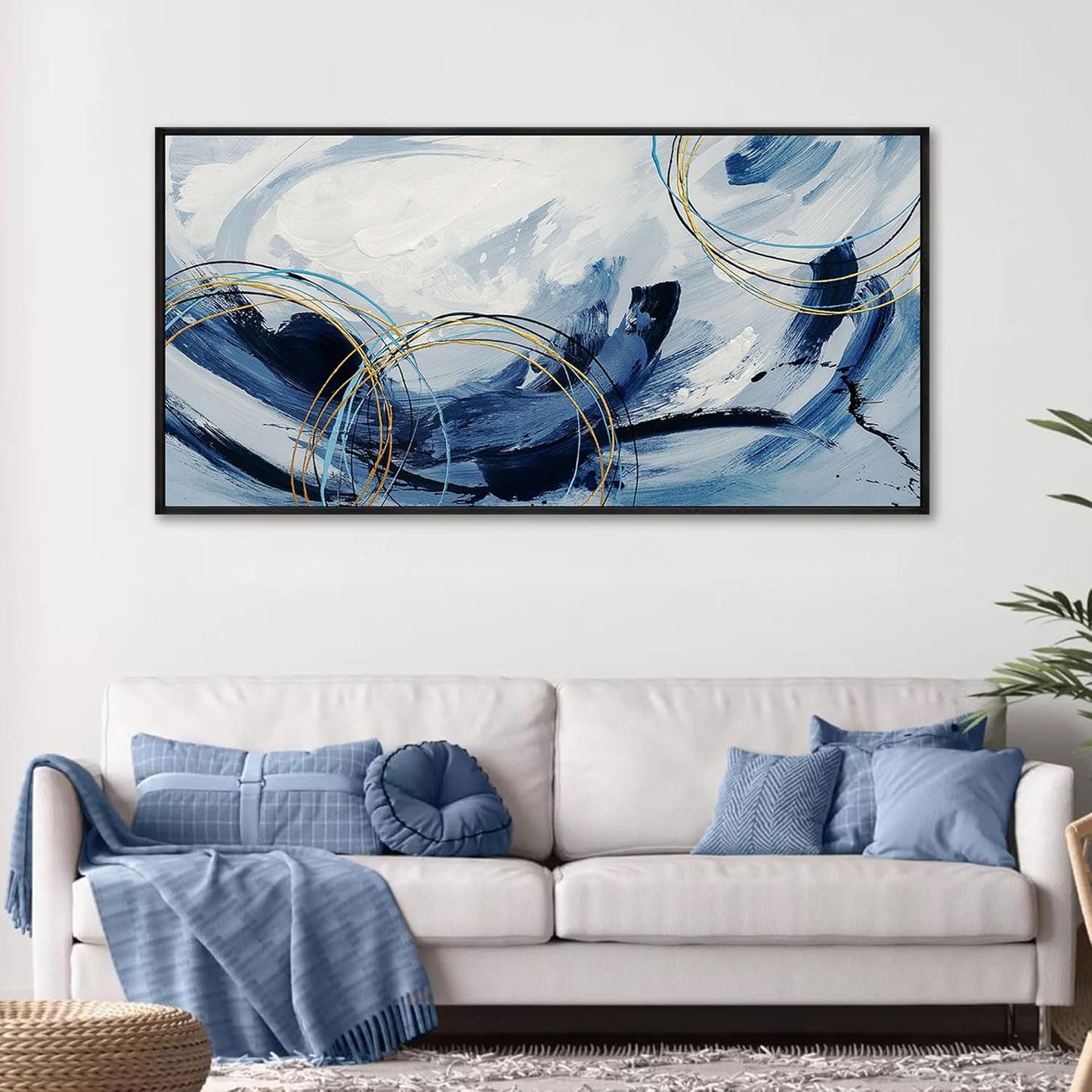 yiijeah Wall Art for Living Room - Navy Blue Large Canvas Wall Art for Farmhouse Wall Decor Abstract Paintings Modern Framed Artwork for Walls Blue and White Bedroom Office Contempor Decoration