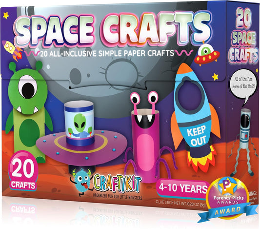 Craftikit® 20 Space Arts & Crafts for Kids - All-Inclusive Fun Toddler Craft Kit, Ages 3-10, Galaxy-Themed Activities