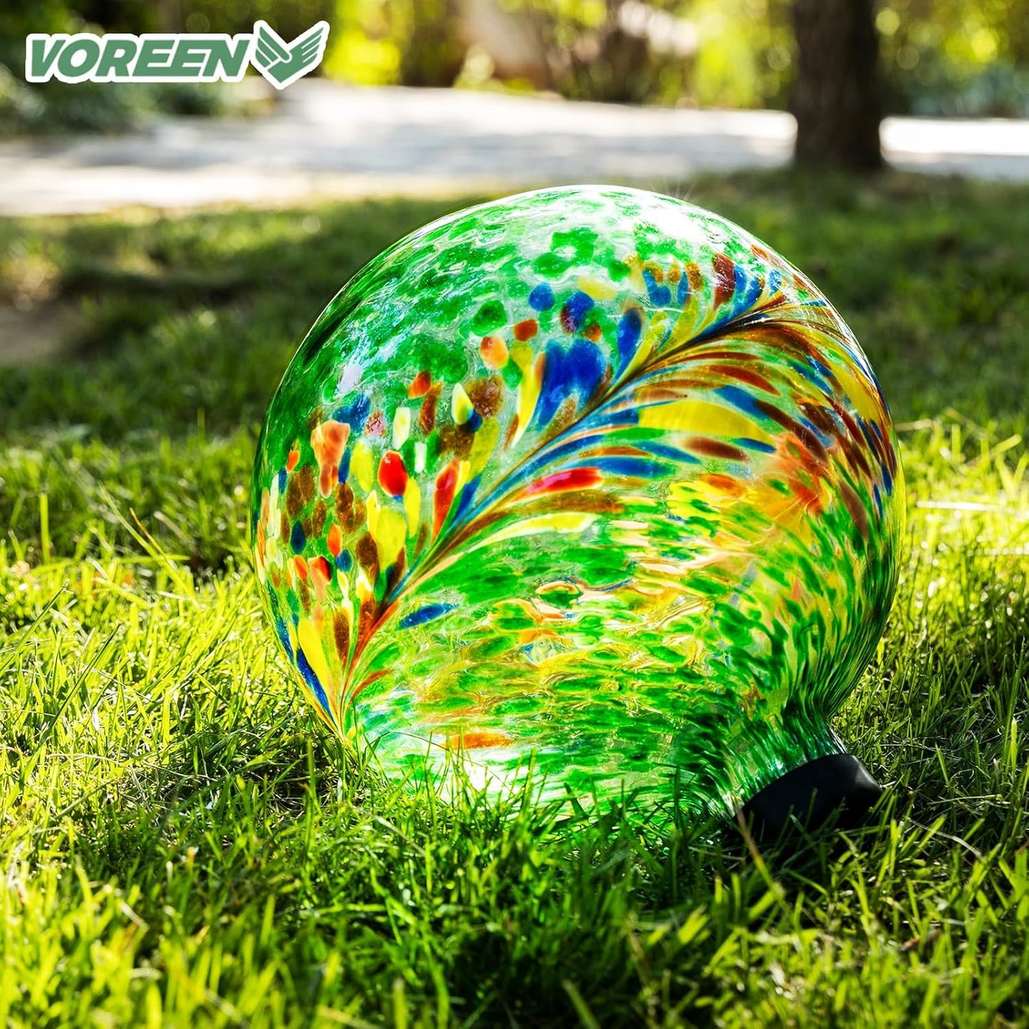 VOREEN 10-Inch Glass Gazing Ball, Outdoor Gazing Globe, Reflective Ball Yard Decoration for Homes, Patio, Lawn and Gardens, Gift for Mom Wife Friend, Phoenix Tail Design, Green