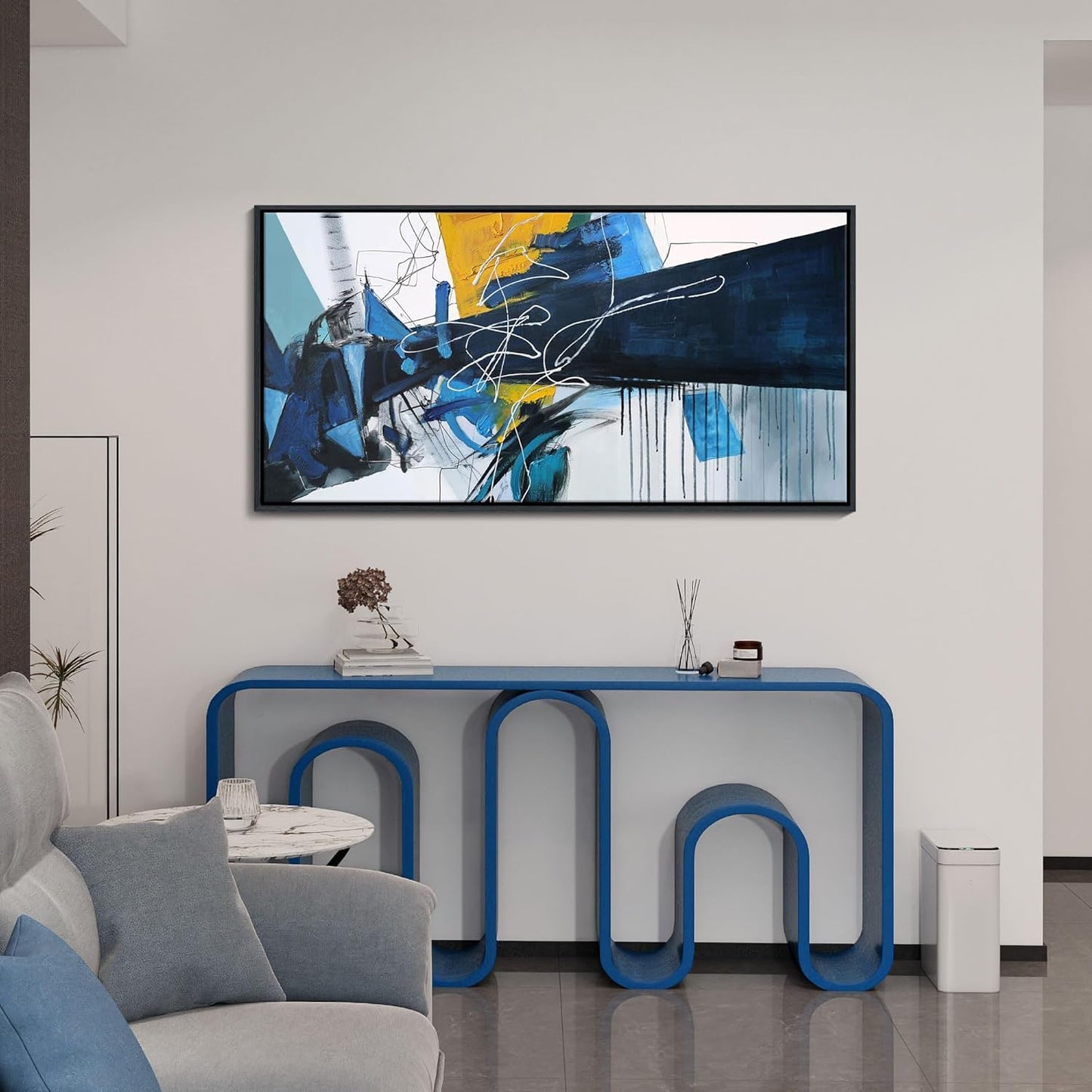 KLAKLA Large Abstract Canvas Wall Art for Living Room - Blue and white Framed Wall Decor Living Room Picture Artwork for Office Bedroom Decorative Paintings