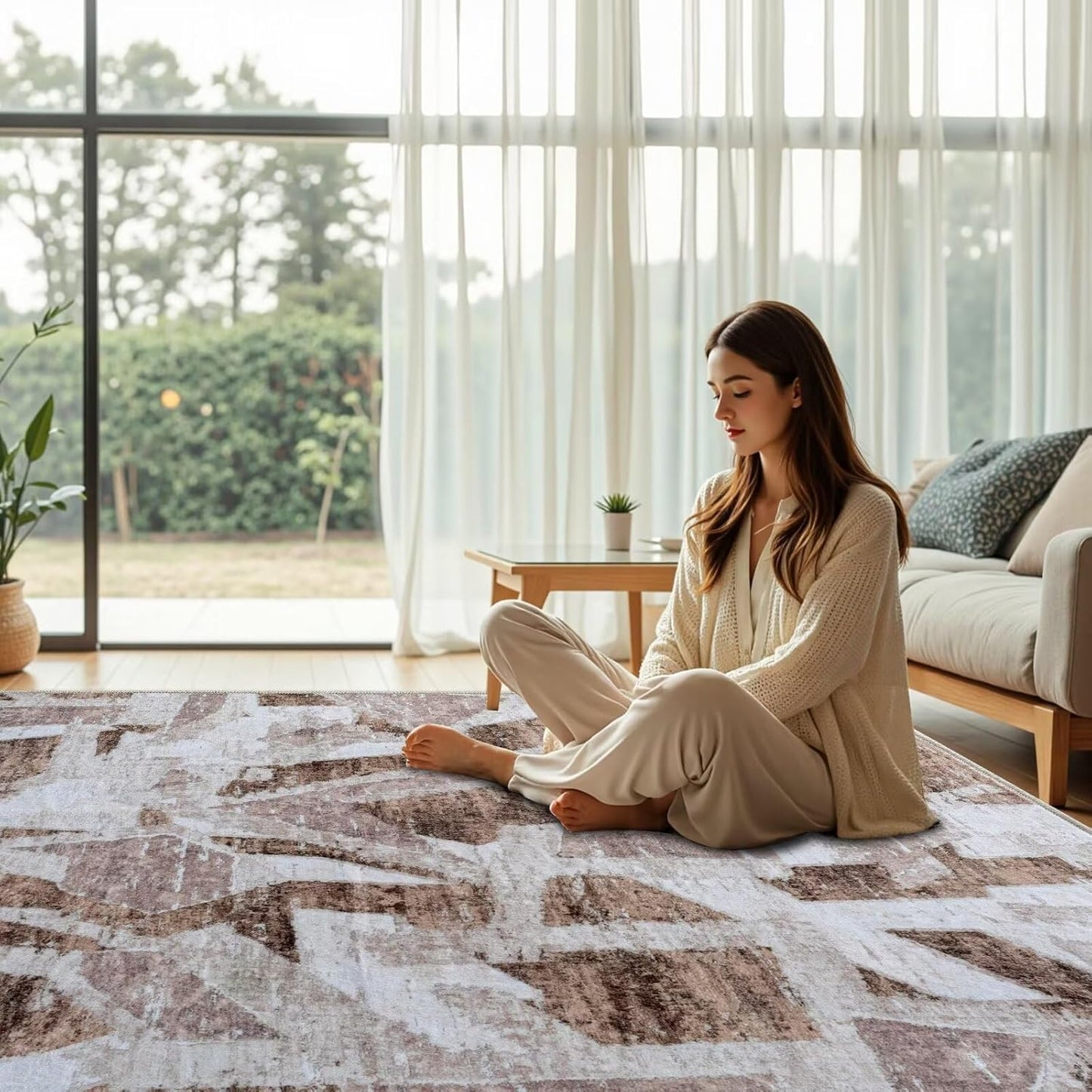 Modern Abstract 5X7 Area Rug for Living Room Bedroom Washable, with Non-Slip Rubber Backing Print Faux Wool Thin, Brown Throw Large Carpet for Kids Playroom Dining Room Pet & Child Friendly