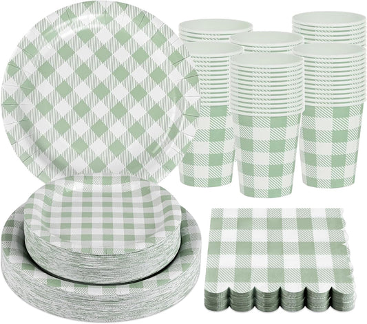 200Pcs Sage Green Gingham Party Supplies Gingham Paper Plates and Napkins Cups Sage Plaid Plates Disposable Green and White Plaid Party Decor for Birthday Family Picnic BBQ,Serves 50 Guests