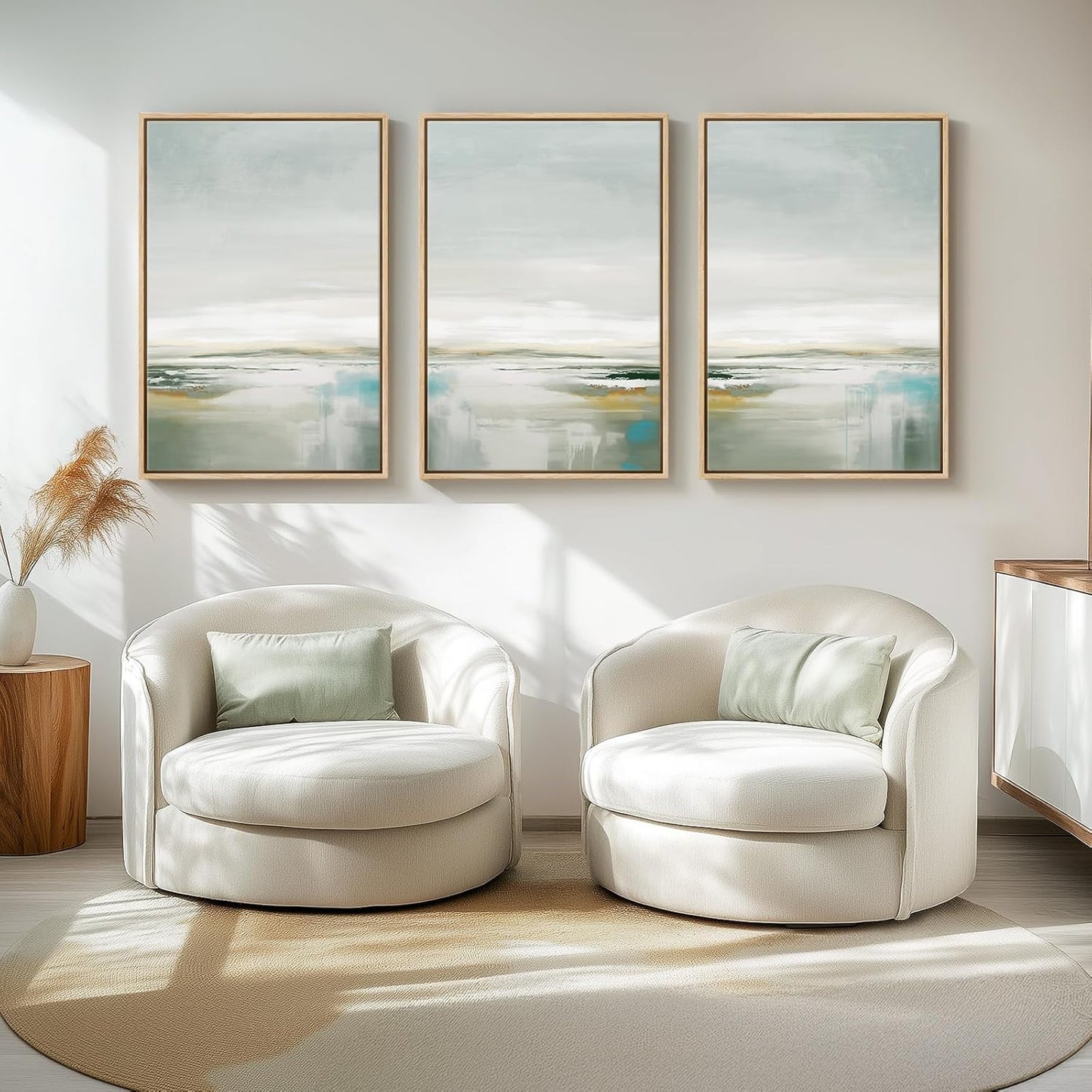 Large Framed Green Abstract Landscape Wall Art for Living Room, 3 Piece Canvas Prints Paintings Artwork for Walls, Modern Minimalist Pictures for Dining Room, Hallway, Office Wall Decor 24x36 In