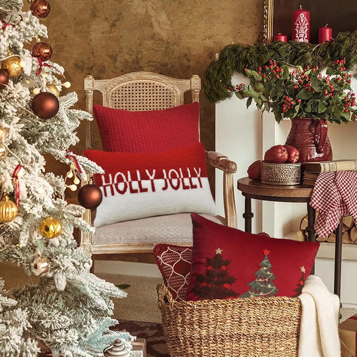 Holly Jolly Christmas Pillow Covers 12x20, Hooked Wool Embroidered Christmas Throw Pillow Covers Christmas Decorations Holiday Pillows for Home Couch,Red White