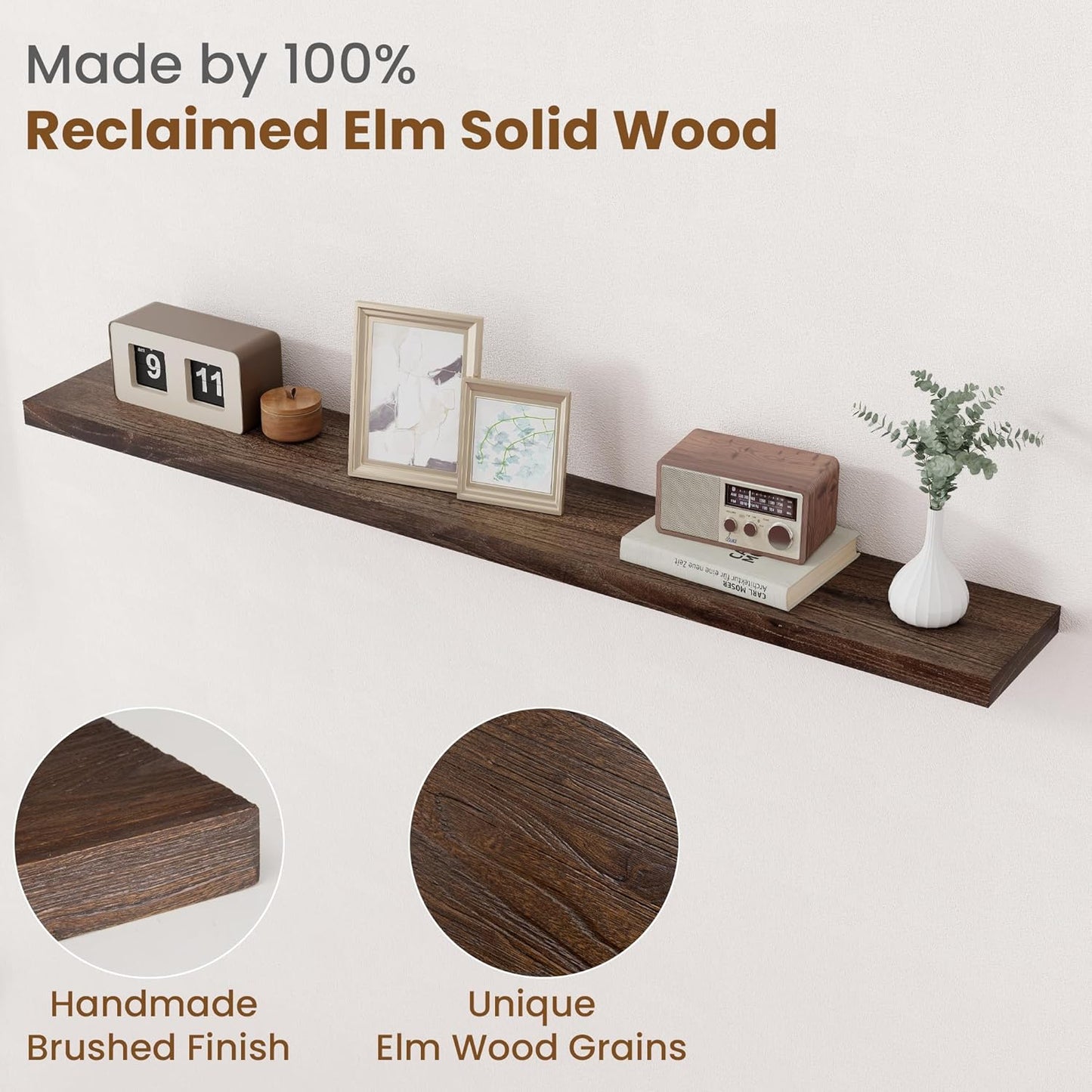 Floating Shelves for Wall Decor, 8 Inch Deep Rustic Solid Elm Wood Floating Shelves Wall Mounted, Wall Shelves with Invisible Bracket for Living Room Bathroom Bedroom Kitchen, 55 Inch Set of 1, Walnut