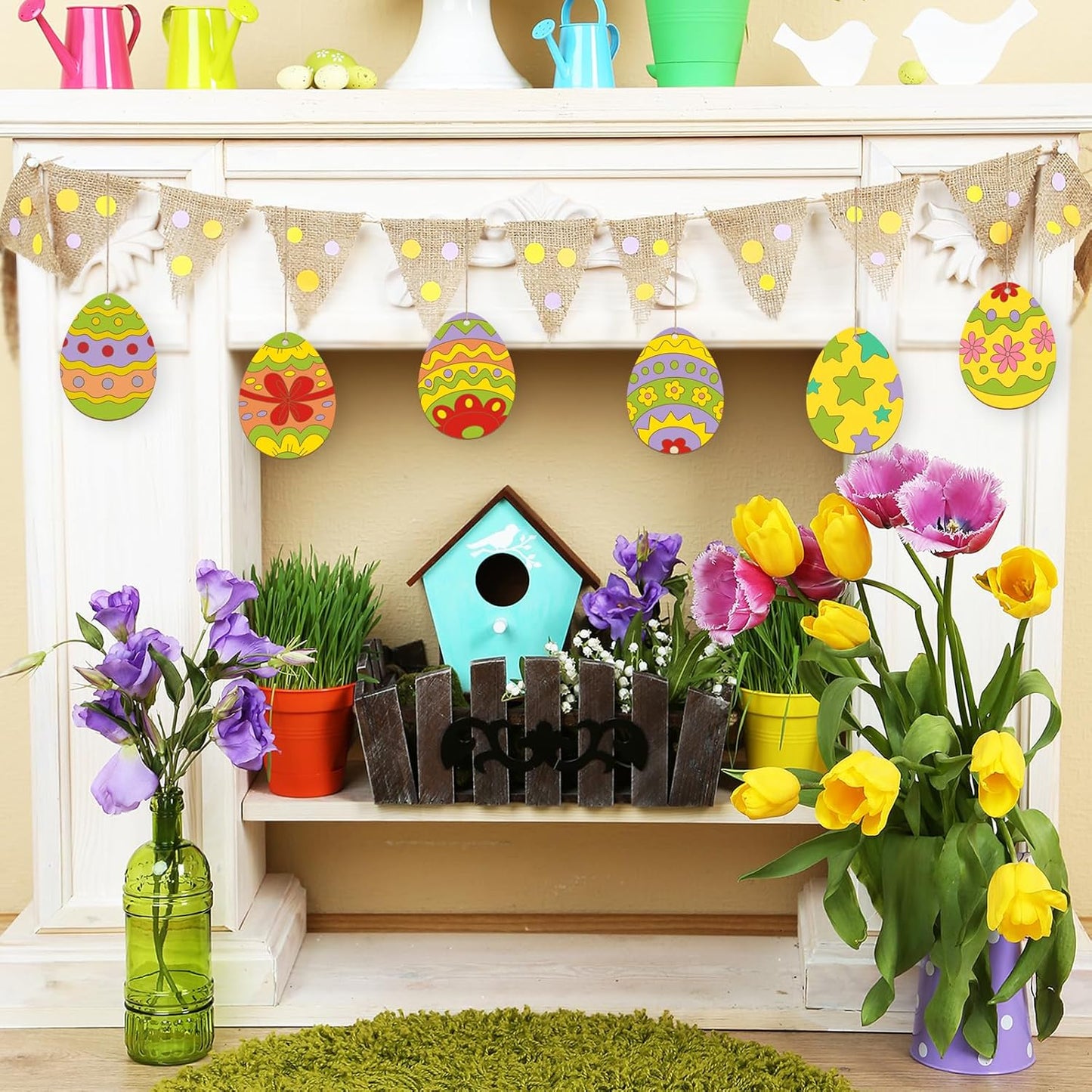 36PCS Wooden Easter Ornaments to Paint, 6 Styles DIY Blank Unfinished Wood Egg Cutouts Ornament for Crafts Hanging Decorations, Egg Rabbit Bunny Butterfly Flower Happy Easter