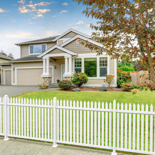 Patio 5 Sets Vinyl Picket Fence Panels 36" H x 84" W White PVC Decorative Fence for Front Yard Porch Patio Deck Pool Air Conditioner Fence Safety Dog Fence (34 Pickets, Straight)