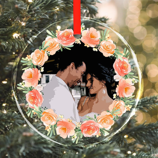 Personalized Christmas Ornaments, Custom Glass Ornament with Photo,Customized Christmas Tree Decor Gifts for Pet, Dad, Mom, Him, Her, Flower Wreath