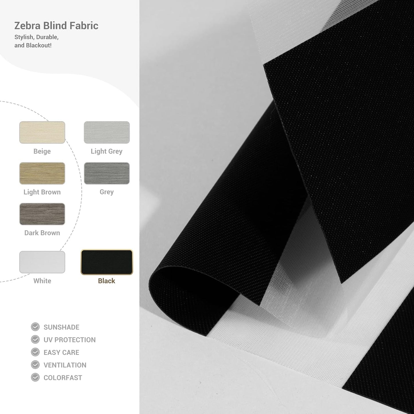 Cordless Zebra Blinds for Windows, Blackout Interior Blinds,Easy to Install,UV Protection,for Offices and Home,Custom Roller Shades, Solid Black, 16" W x 56" H