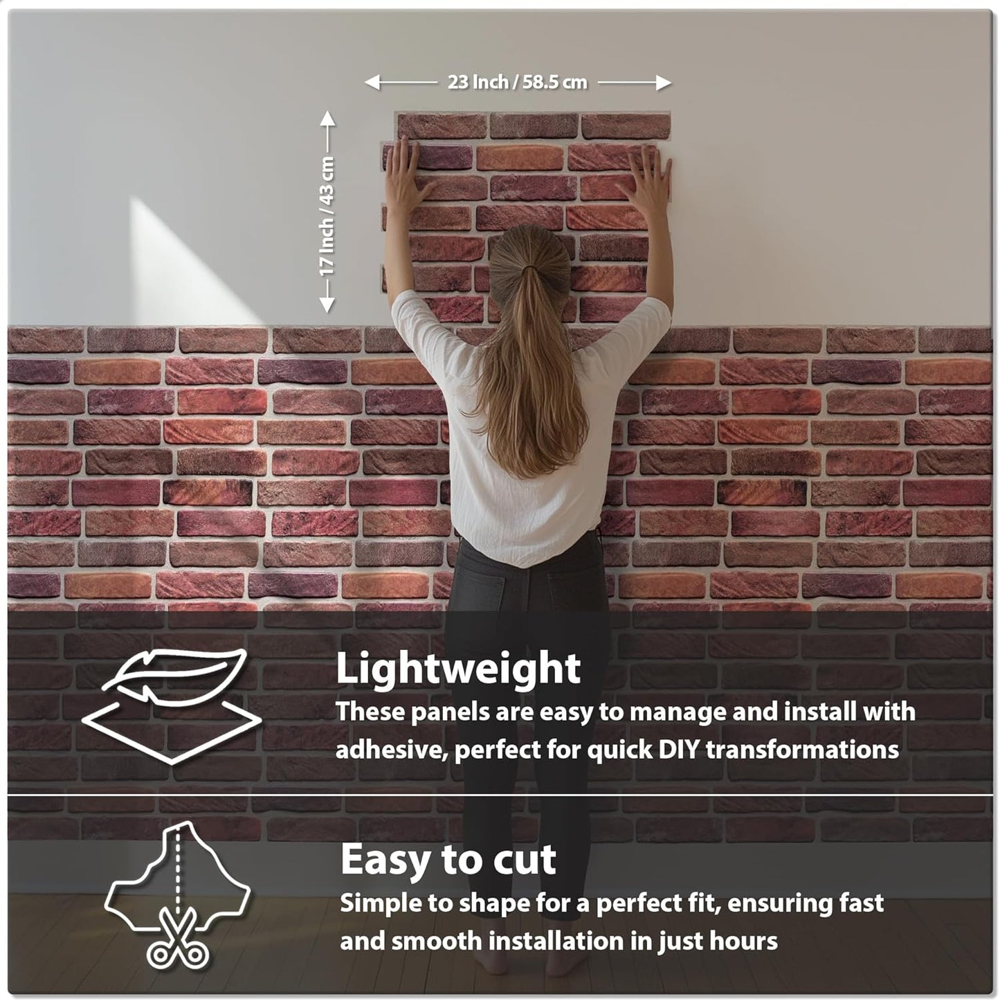 CONCORD WALLCOVERINGS ™ 3D Red Faux Brick Wall Panels - Pack of 10, Lightweight 17.5" x 24" (44.5 cm x 61 cm) PVC Sheets, Decorative Stone Tiles for Living Room, Kitchen - Covers 28.86 Sq Ft (572OR)