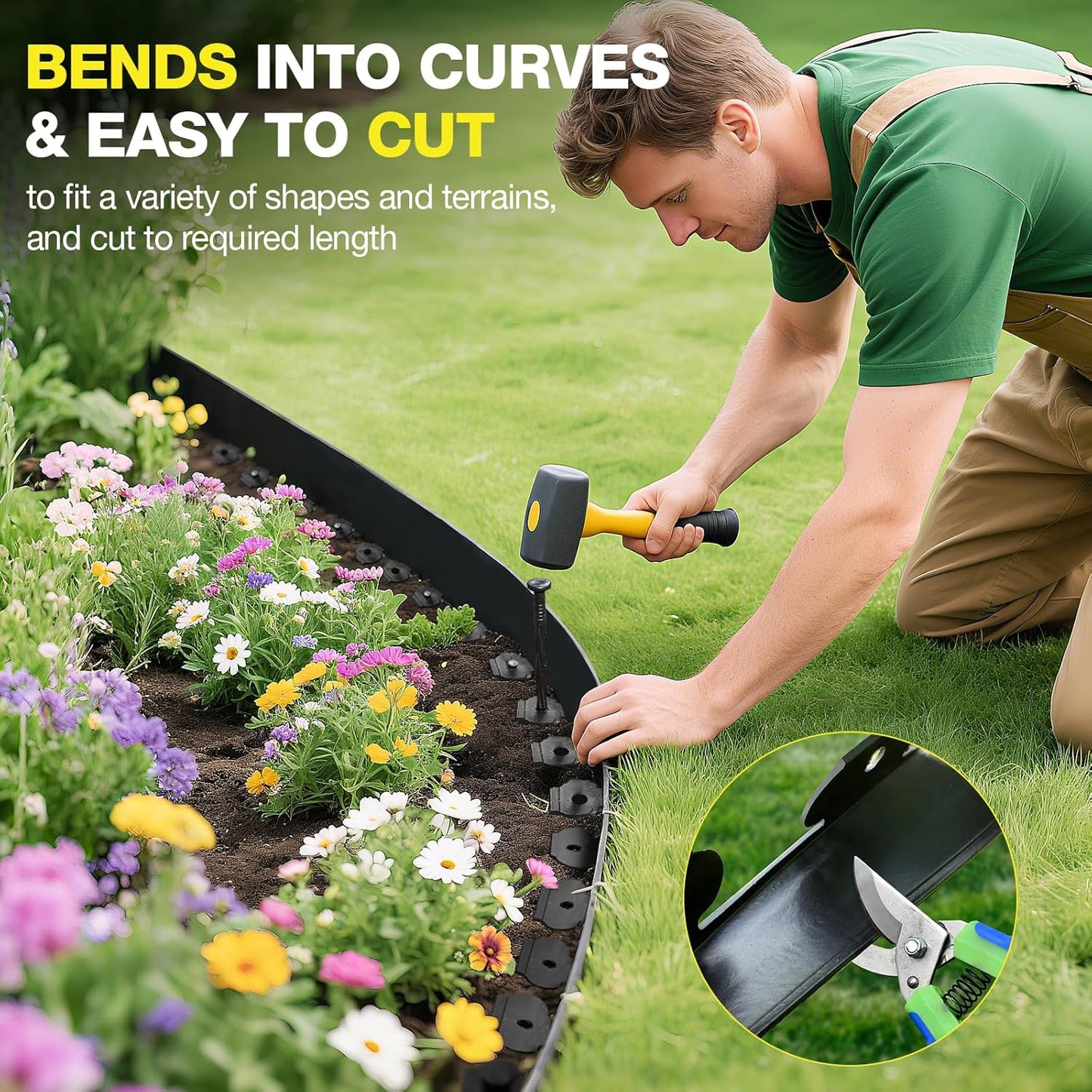 MIXC 33ft, 1.5in Tall Landscape Edging Kit with 50 Spikes, No-Dig Flexible Plastic Edge Border for Landscaping, Lawn, Garden, Flower Beds, Yard, Paver, Playground, Fence, Pathway, Black,1pack,33ft