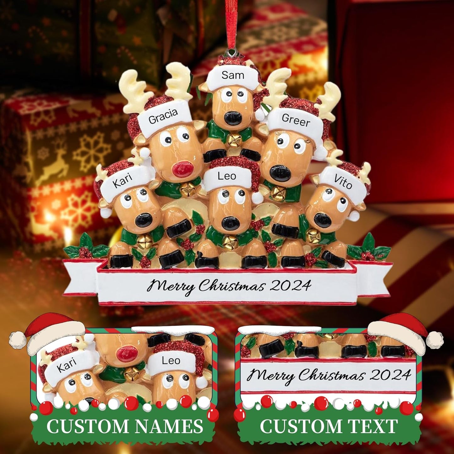 Personalized Christmas Ornaments 2025, Custom Reindeer Family Ornaments for Trees with Names, Handcrafted Christmas Deer Decorations for 2-8 Members, Meaningful Xmas Family of 6