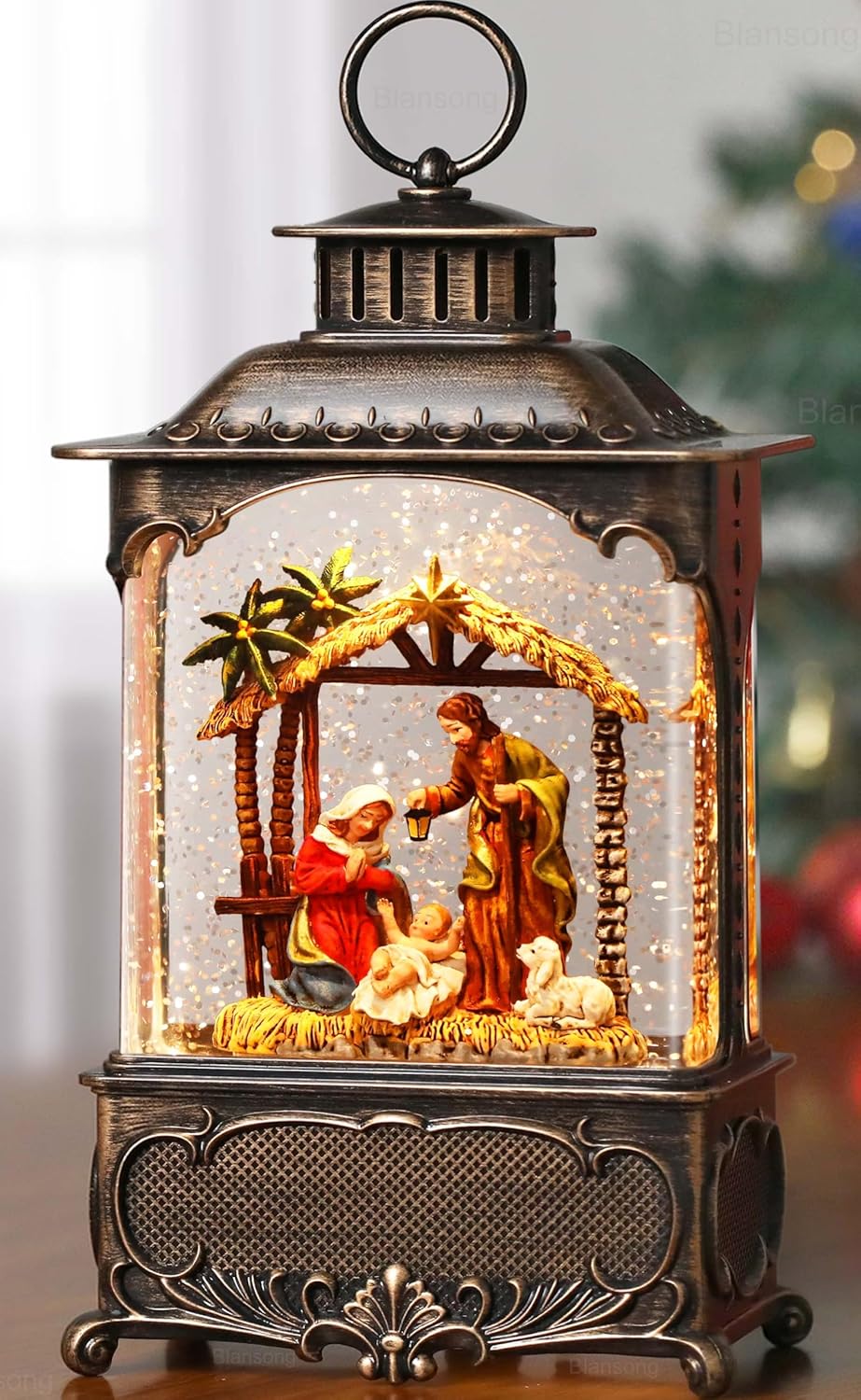 Nativity Snow Globe Lantern Christmas Decorations Gifts Auto Snowfall Glitter Music Collection Manger Sheep Pen Nativity Scene with 6H Timer USB/Battery Powered 10.2 inch