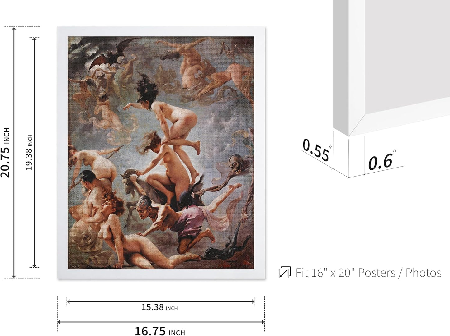 Poster Master Vintage Luis Ricardo Falero Poster - Retro Occult Print - Gift for Gothic, Horror Fan - Witches Going to their Sabbath, Pagan - Wall Decor for Bedroom, Dorm, 16x20 White Framed
