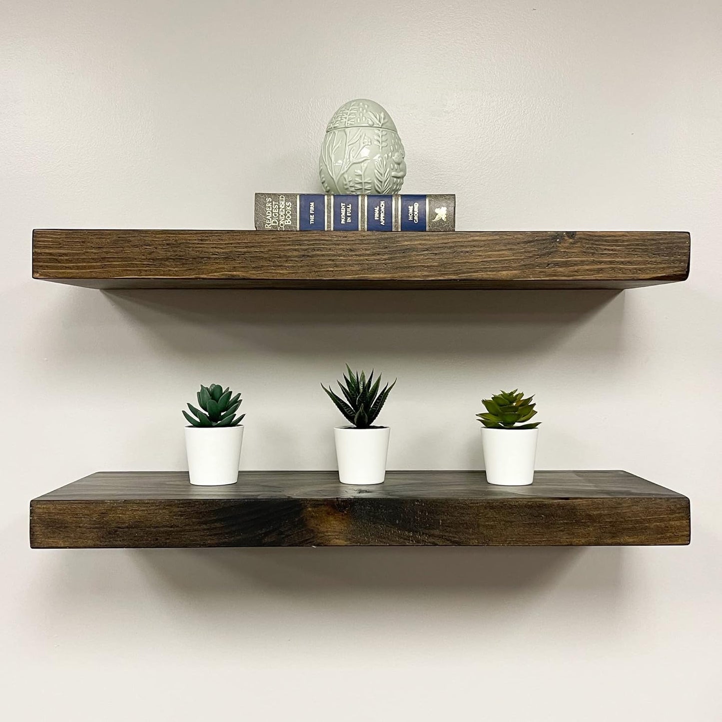 URBANDI, Rustic Floating Shelves, Set of 2, Hidden Bracket, Solid Wood, Heavy Duty, Wall Mounted Shelves, (Dark Brown, 24Wx12D)