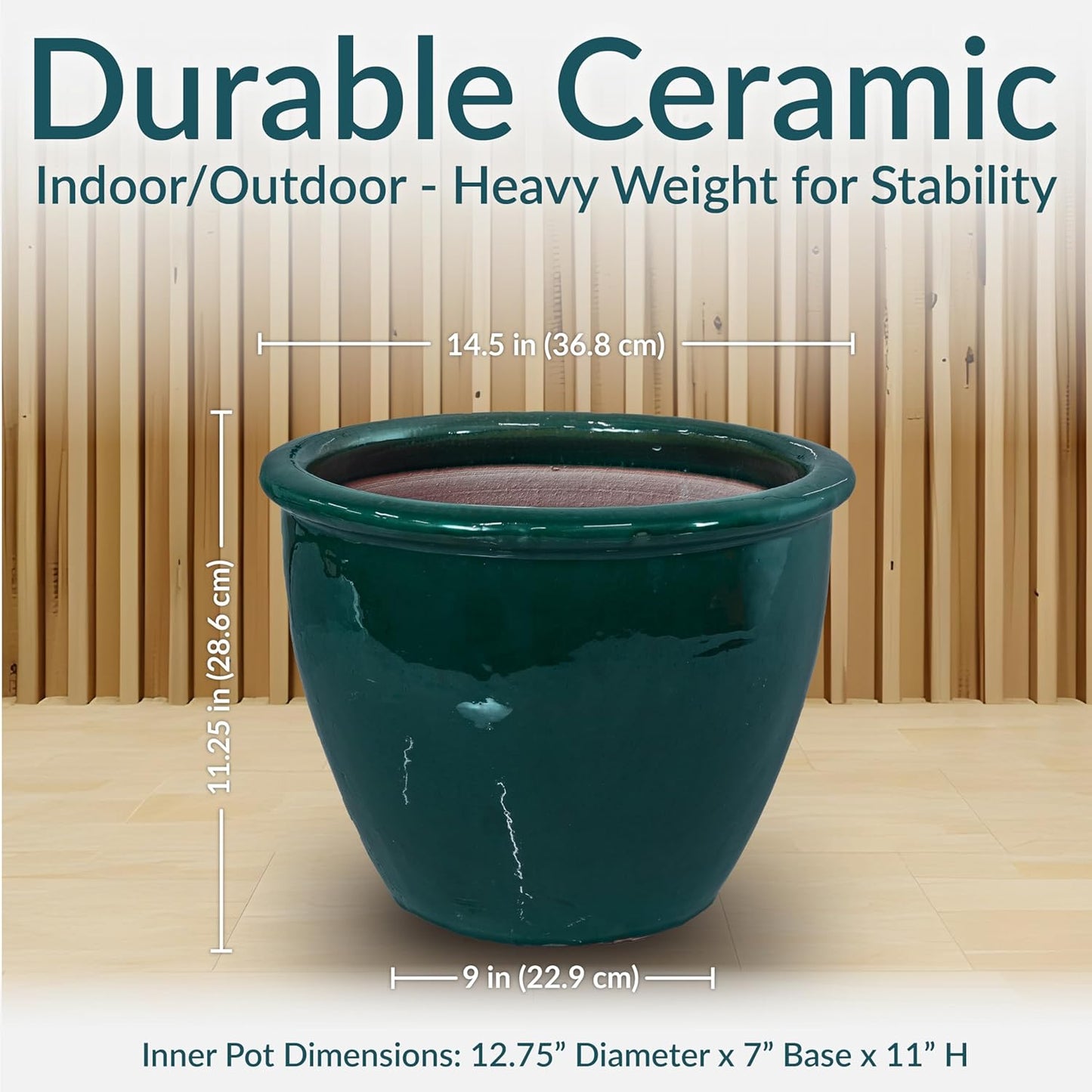 Sunnydaze Chalet Large Ceramic Plant Pot - Round Outdoor Glazed Ceramic Planter Pot with Drainage - Dark Green - 14.5"