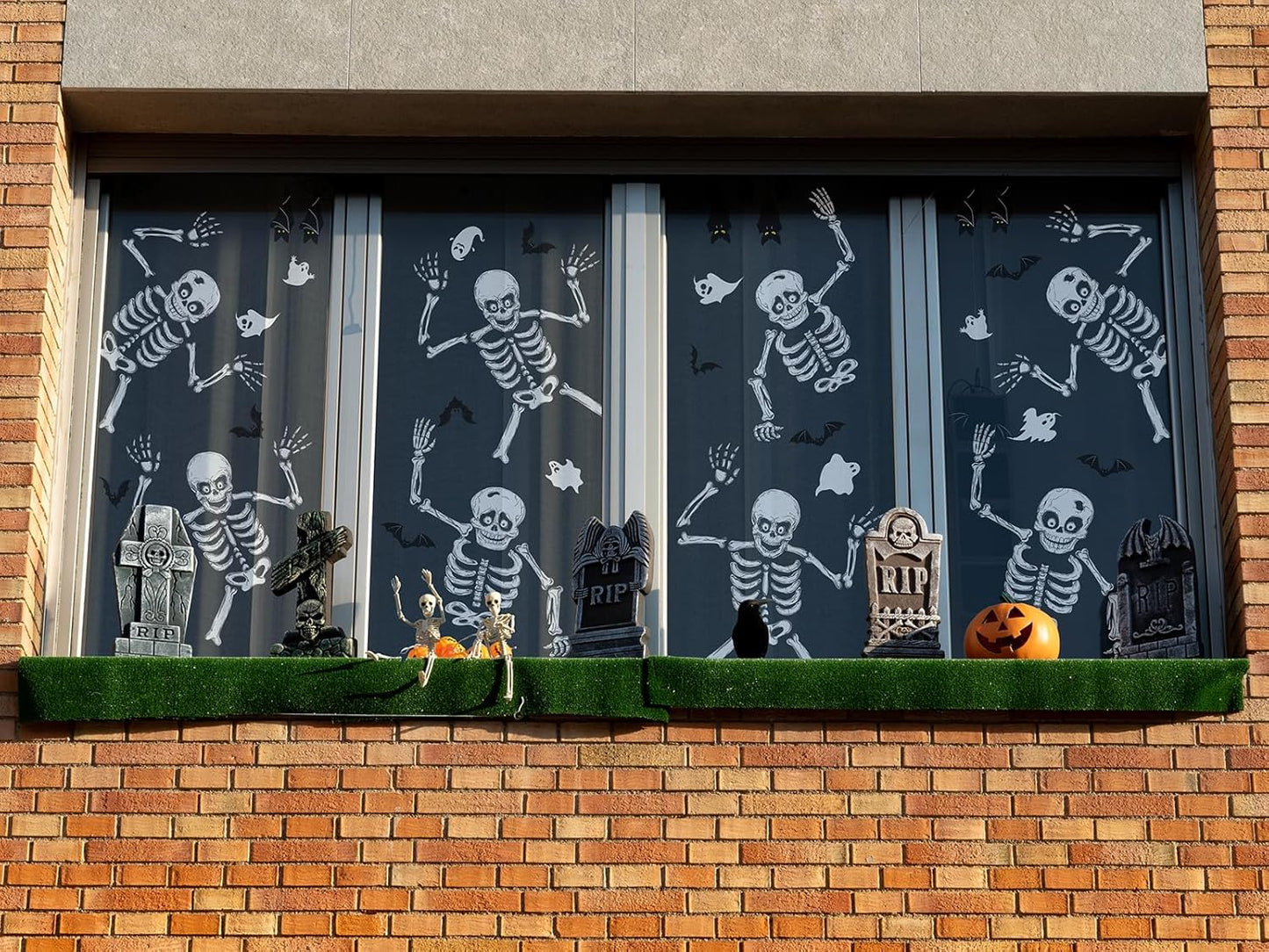 Halloween Window Skeleton Clings – 8 Sheets of Extra Large Cute and Scary Skeletons, Ghosts, and Bats for Home, School, Car Windows, Office, and Party Decor