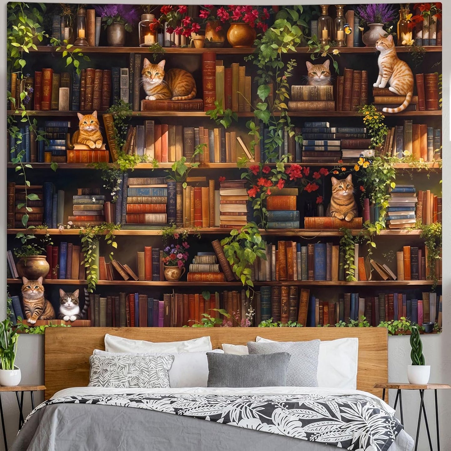 Accnicc Plant Cat Bookshelf Tapestry Botanical Floral Flower Cats Book Tapestries Wall Hanging Vintage Library Large Tapestry for Bedroom Living Room Dorm 80 x 60 inch