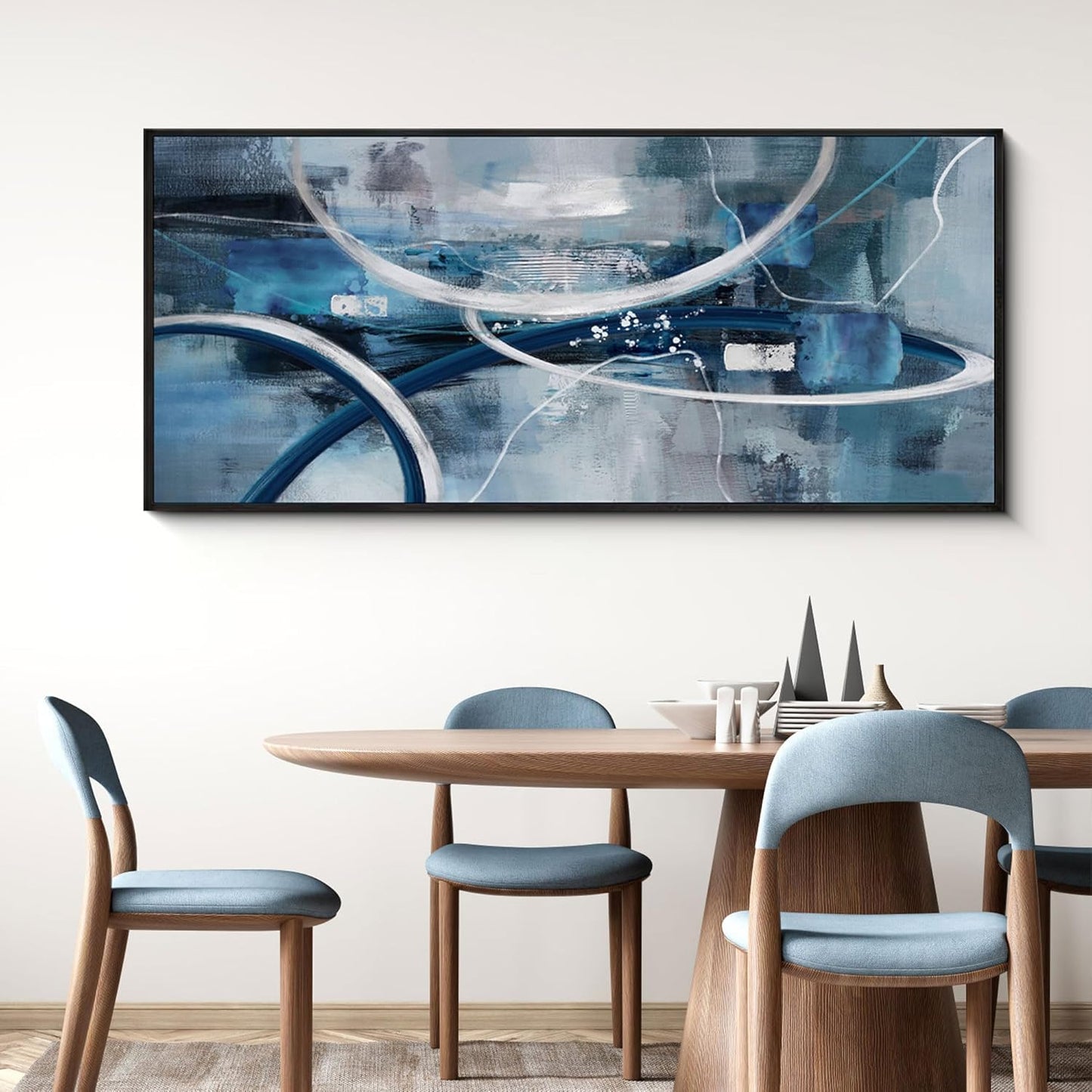 XLSJERST Large Abstract Canvas Wall Decor - Modern Living Room Wall Art Elegant Combination of Tones Black and White Gray Background Blue Gradient Picture