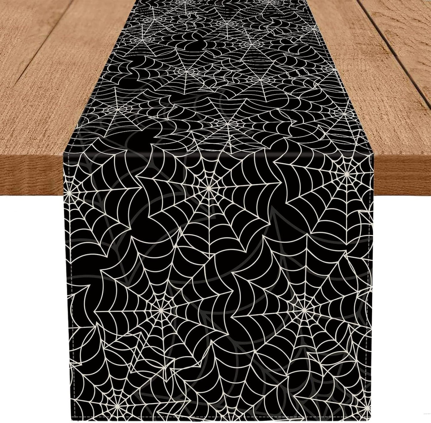 Halloween Table Runner Spider Web Black Linen Table Runners for Seasonal Holidays Indoor Outdoor Kitchen Dining Party Home Decor 13 x 36 Inch